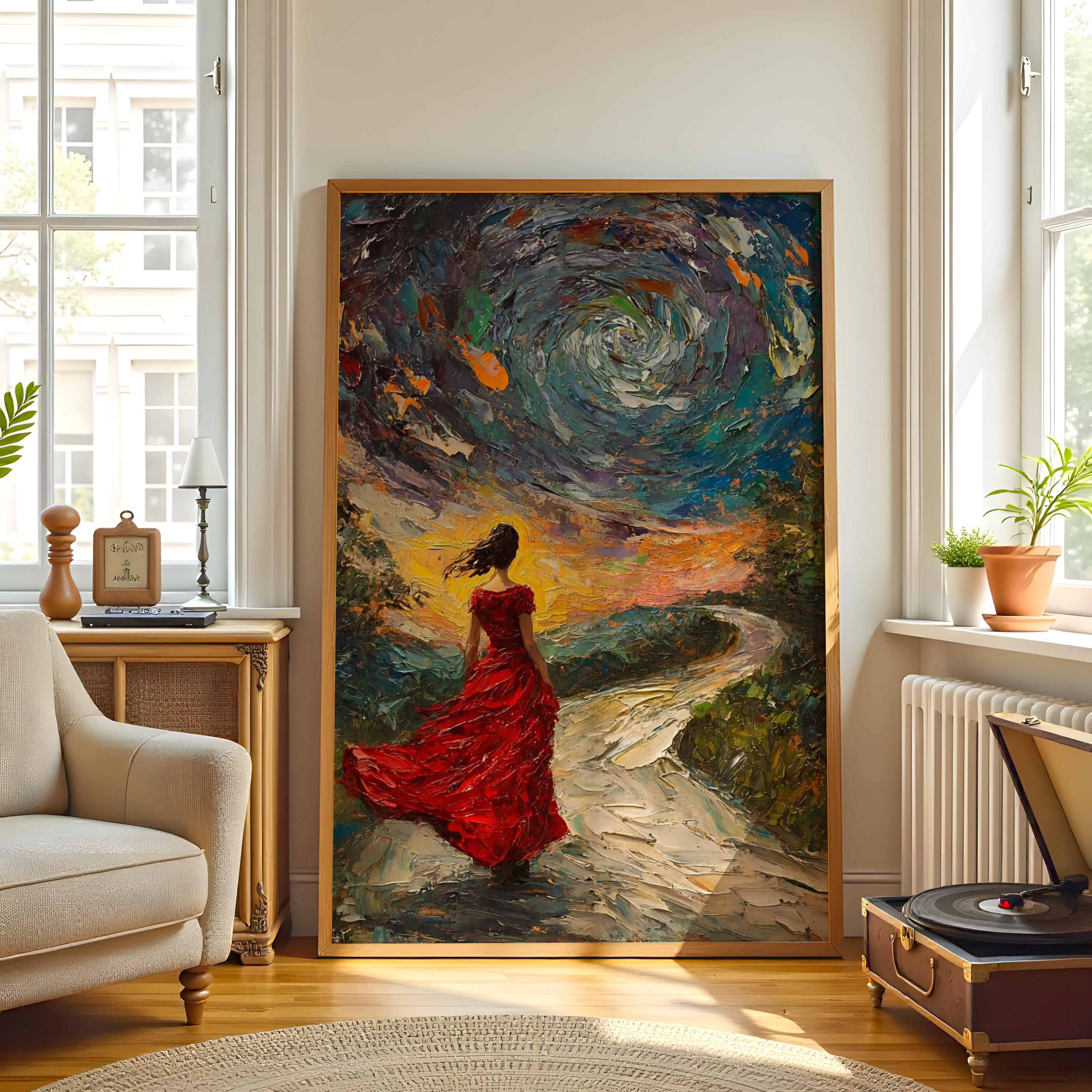 Framed painting of a woman in a red dress walking on a path with a colorful sky in a living room.