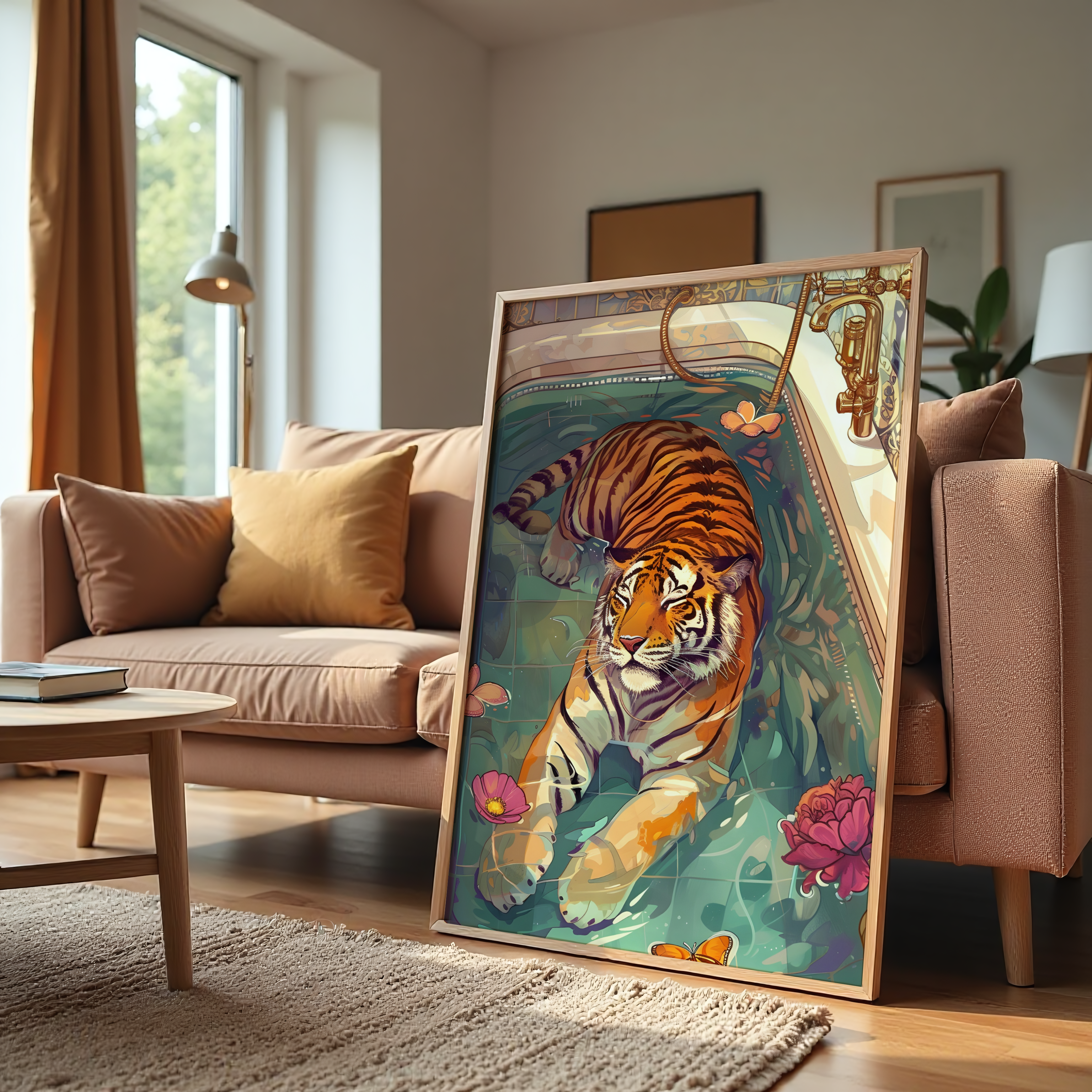 Illustrated tiger soaking in a bathtub with butterflies and flowers – whimsical wall art