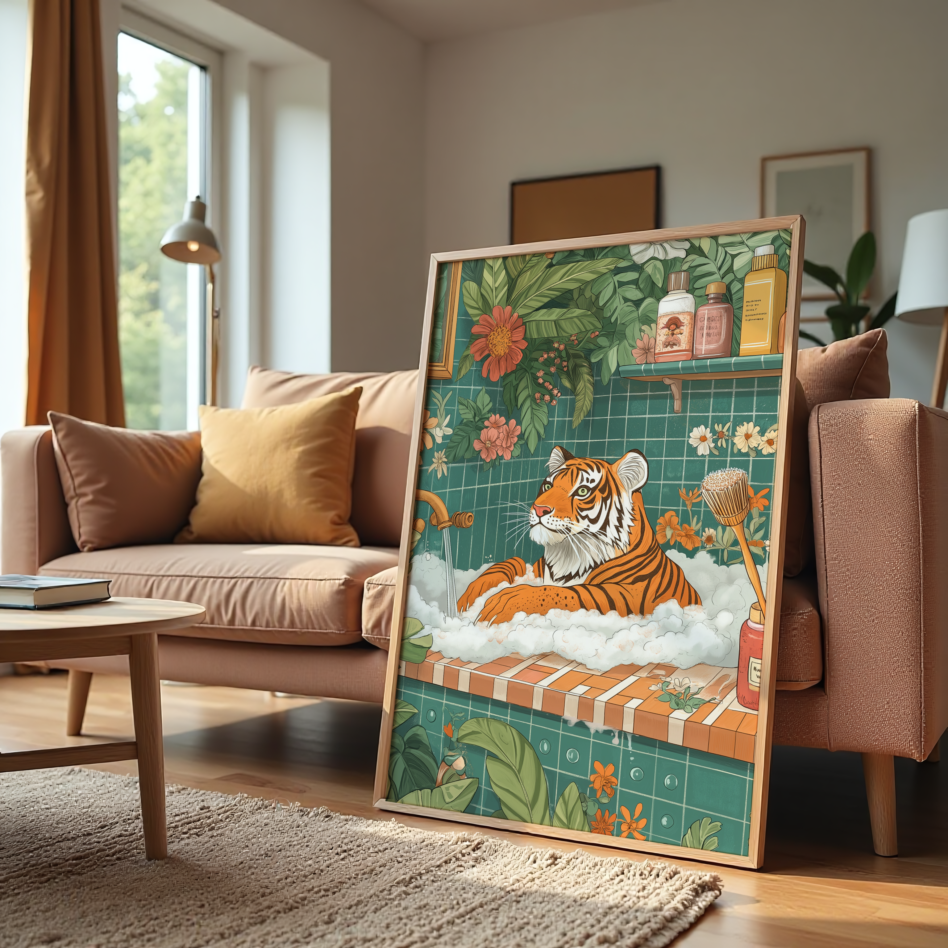 Tiger bubble bath canvas wall art with lush greenery and floral background.