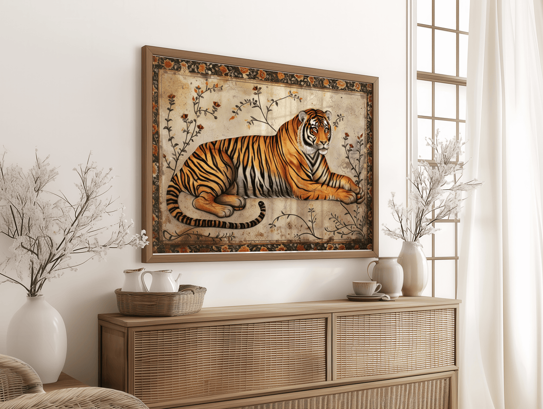 Tiger wildlife canvas print with antique floral background