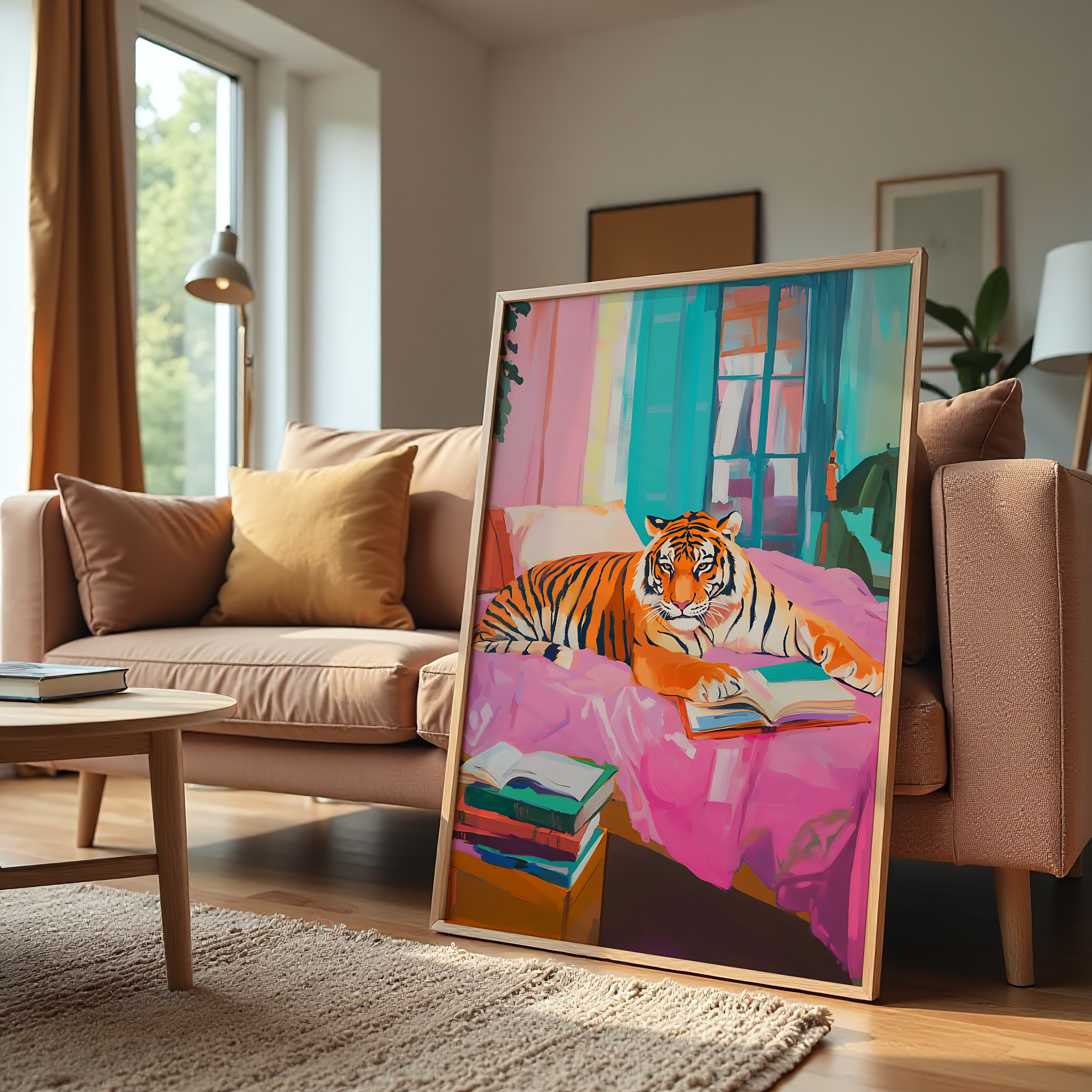 Tiger reading a book canvas wall art with colorful bedroom décor
