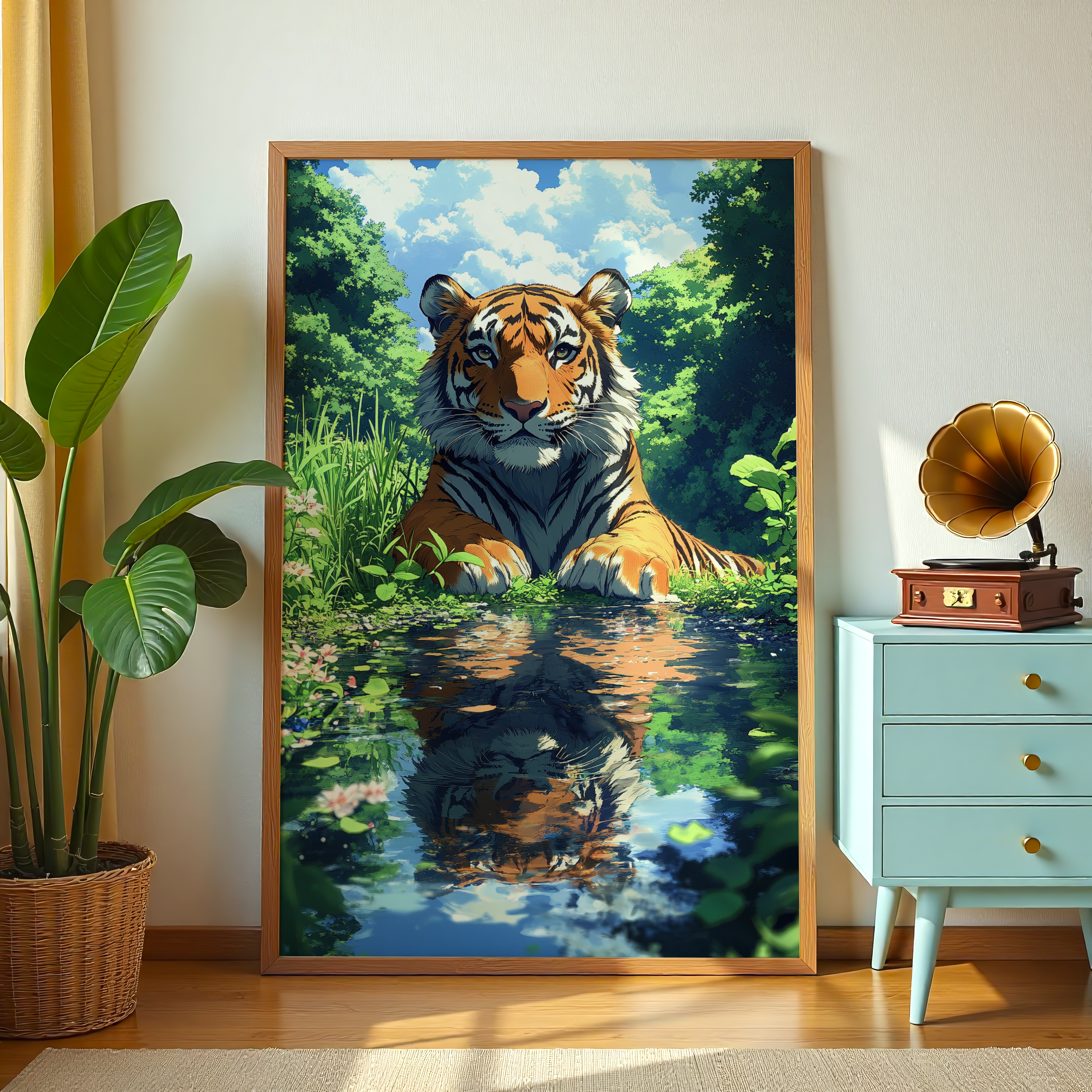 Tiger by the water canvas wall art with reflection in jungle scenery.