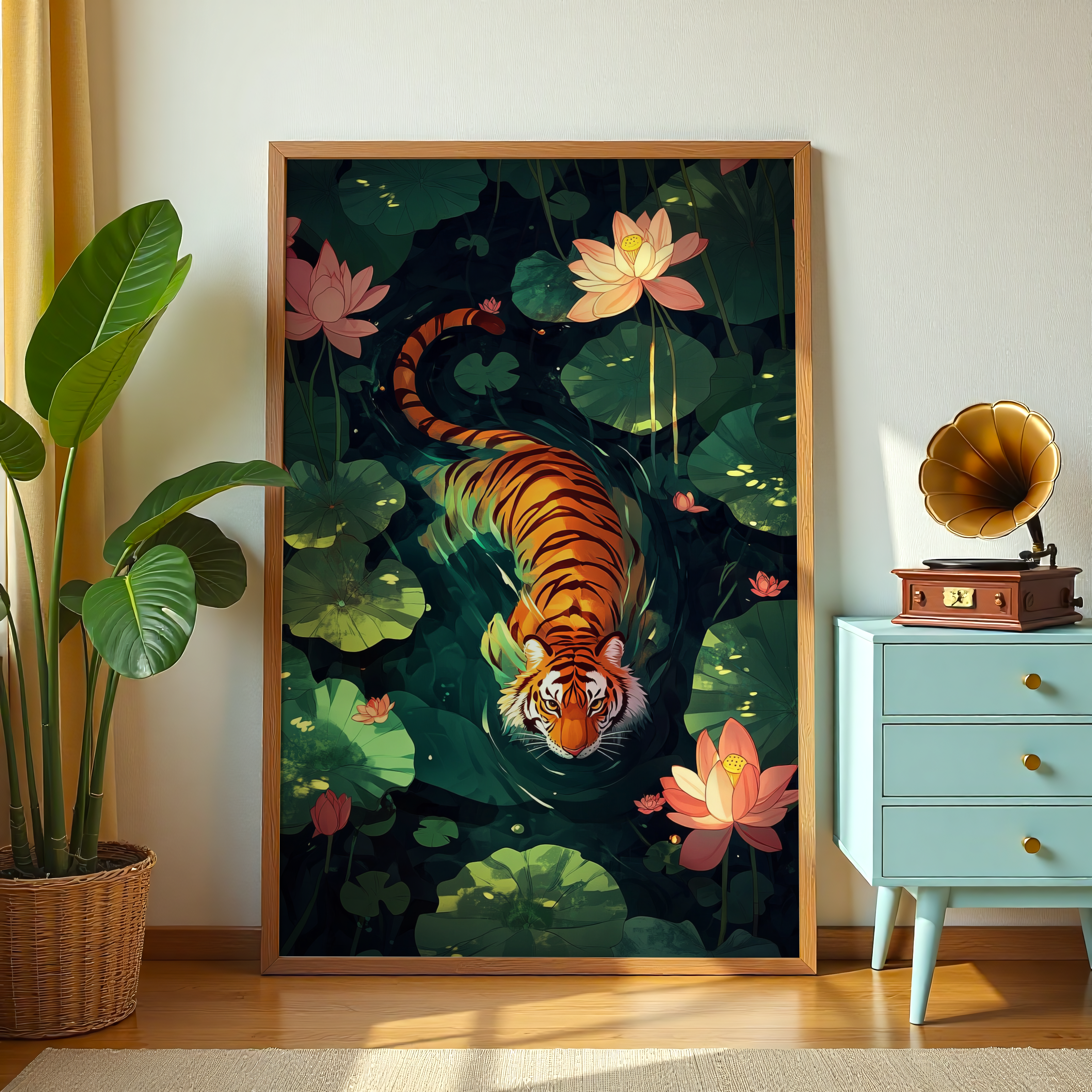 Tiger swimming among lotus flowers canvas wall art for jungle-inspired décor.