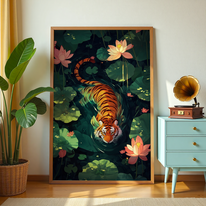 Tiger swimming among lotus flowers canvas wall art for jungle-inspired décor.