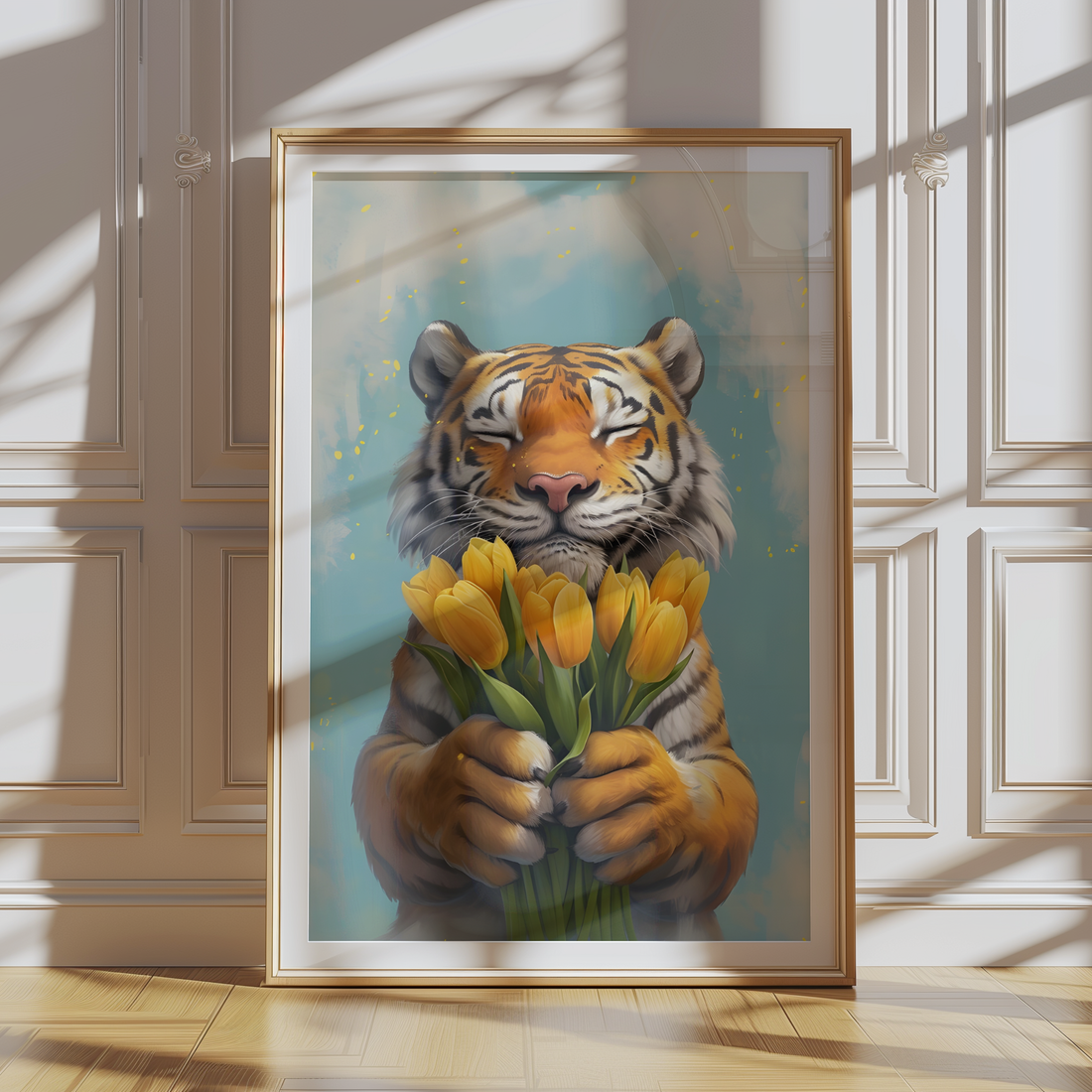 Tiger peacefully holding yellow tulips against a soft sky background