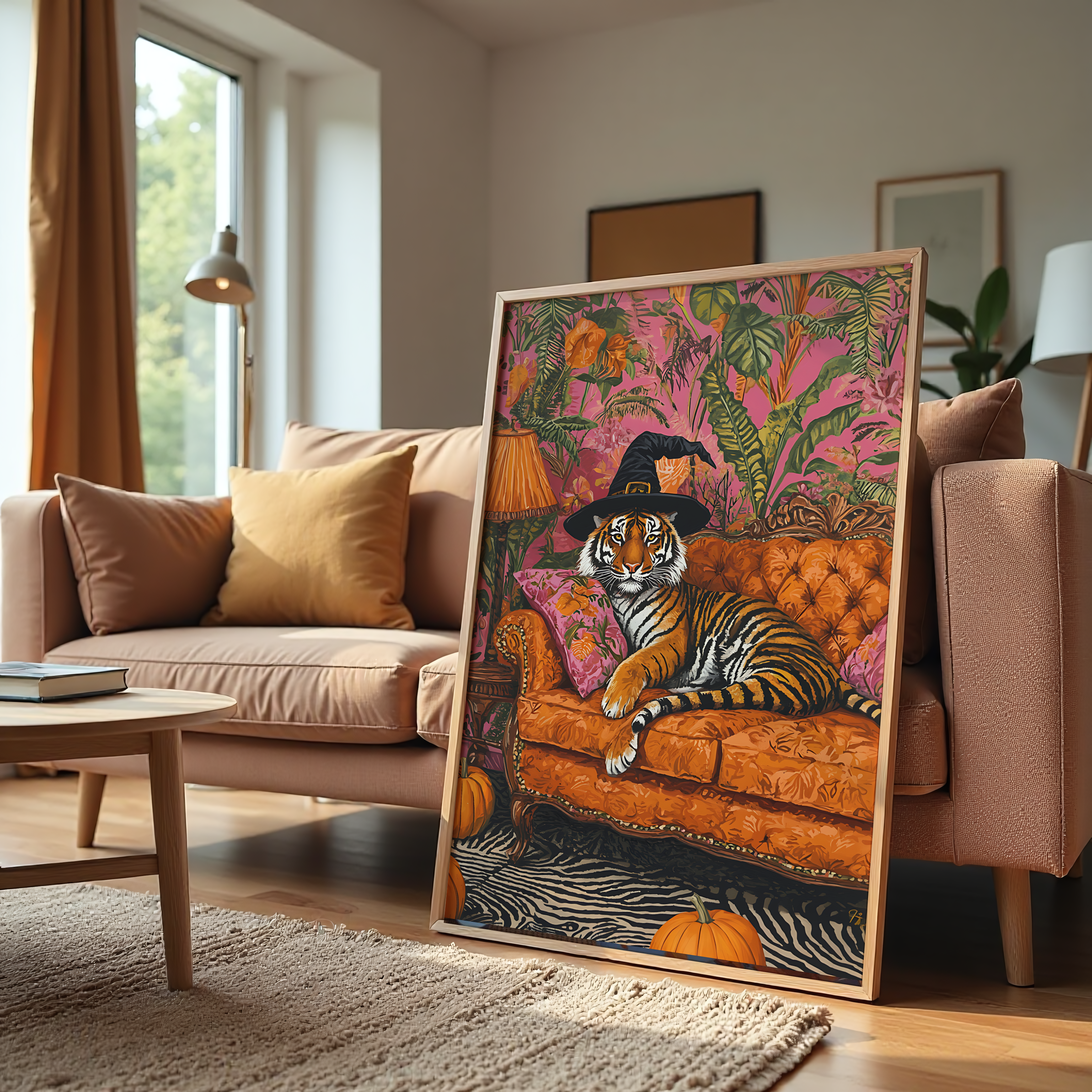 Tiger canvas wall art wearing a witch hat on a vintage sofa with pumpkins