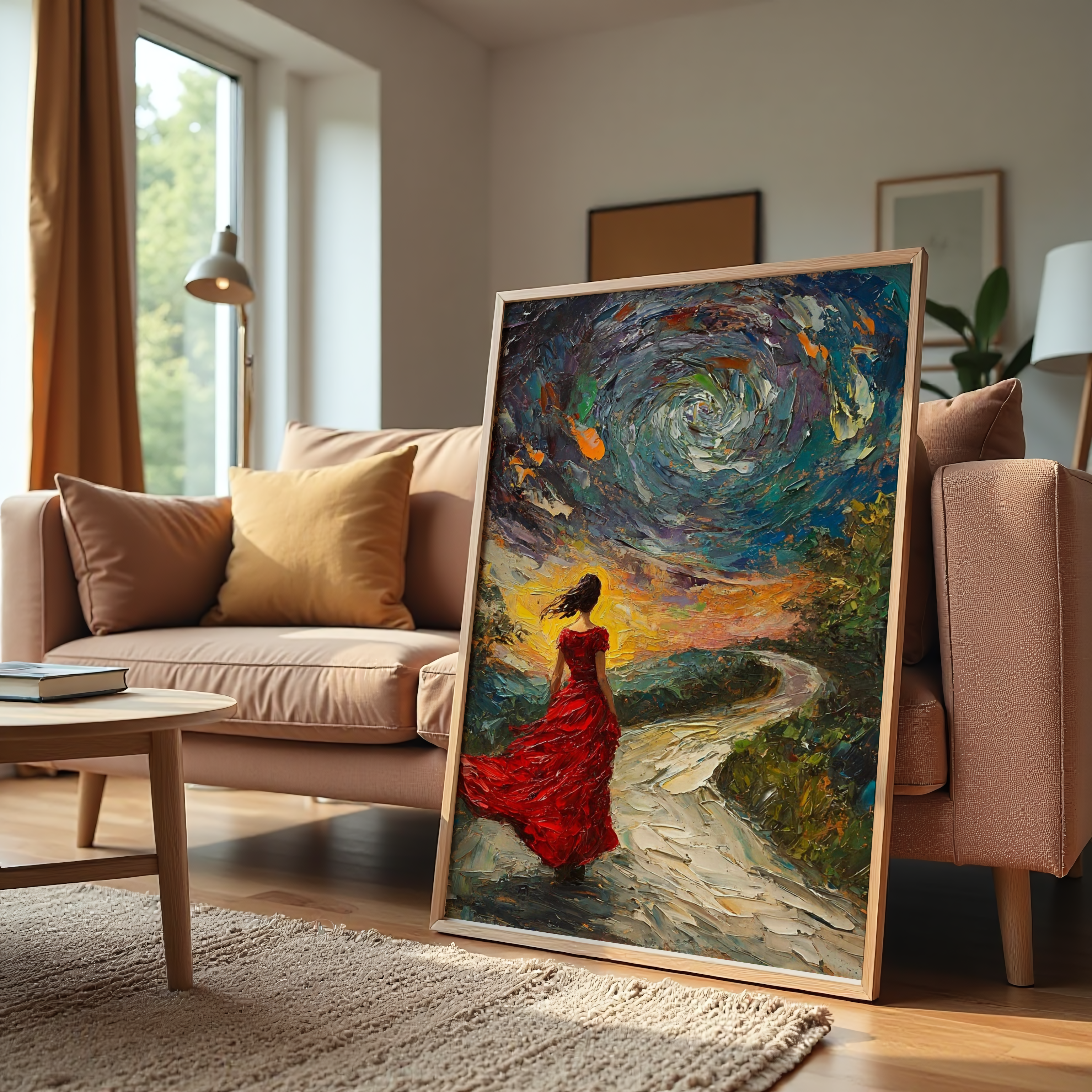 Painting of a woman in a red dress on a easel in a living room.