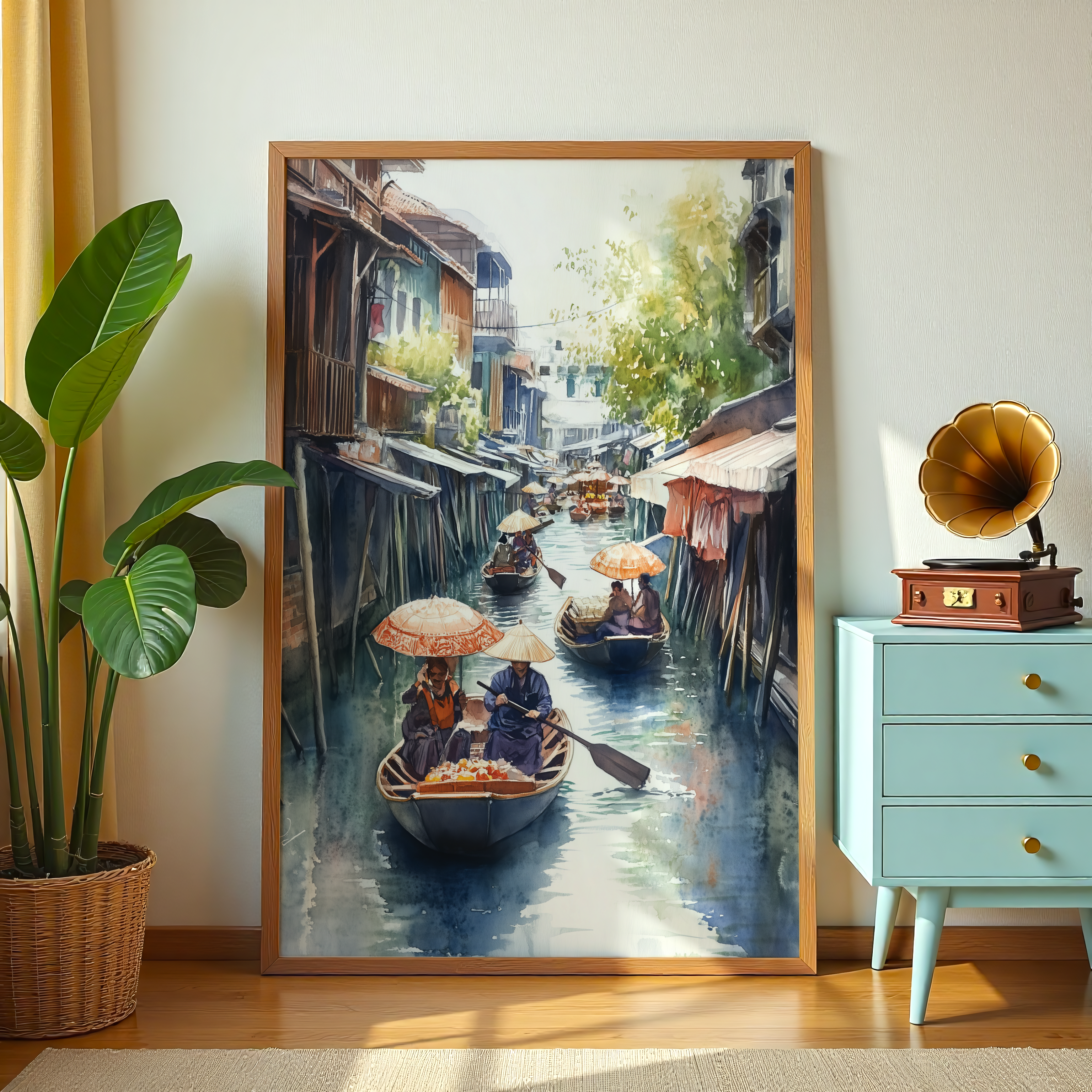 Traditional boat market watercolor artwork showing cultural lifestyle