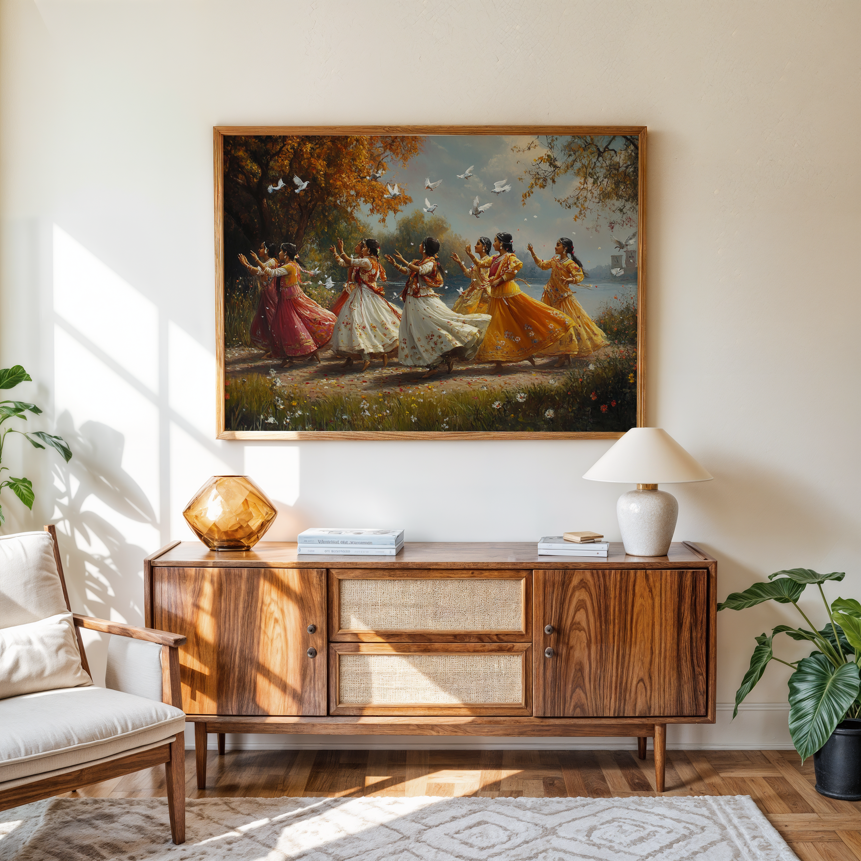 Ethnic painting of women dancing with doves in nature