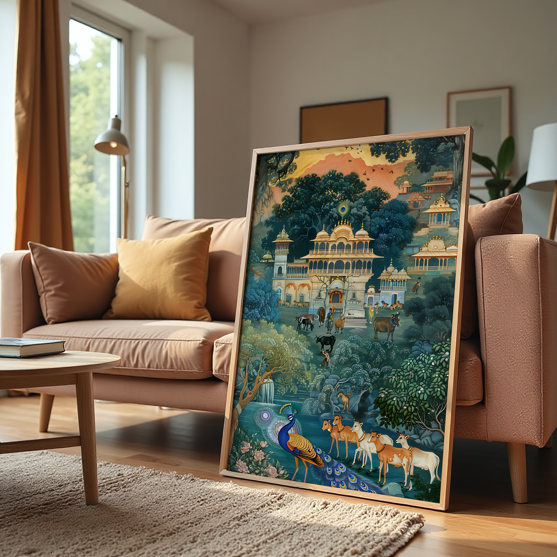 Indian palace painting with animals and peacocks in nature