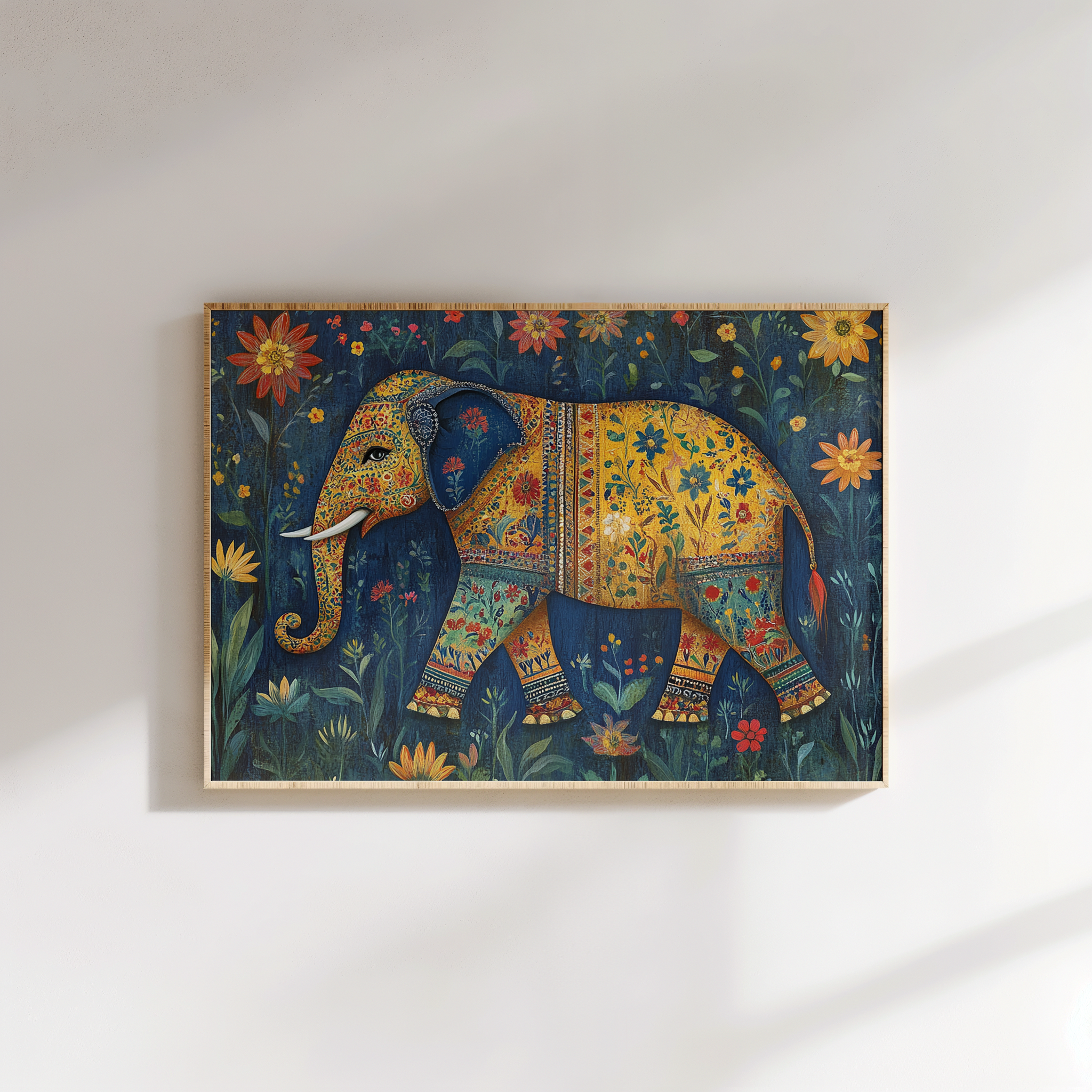 Colorful elephant painting in folk art style for home décor