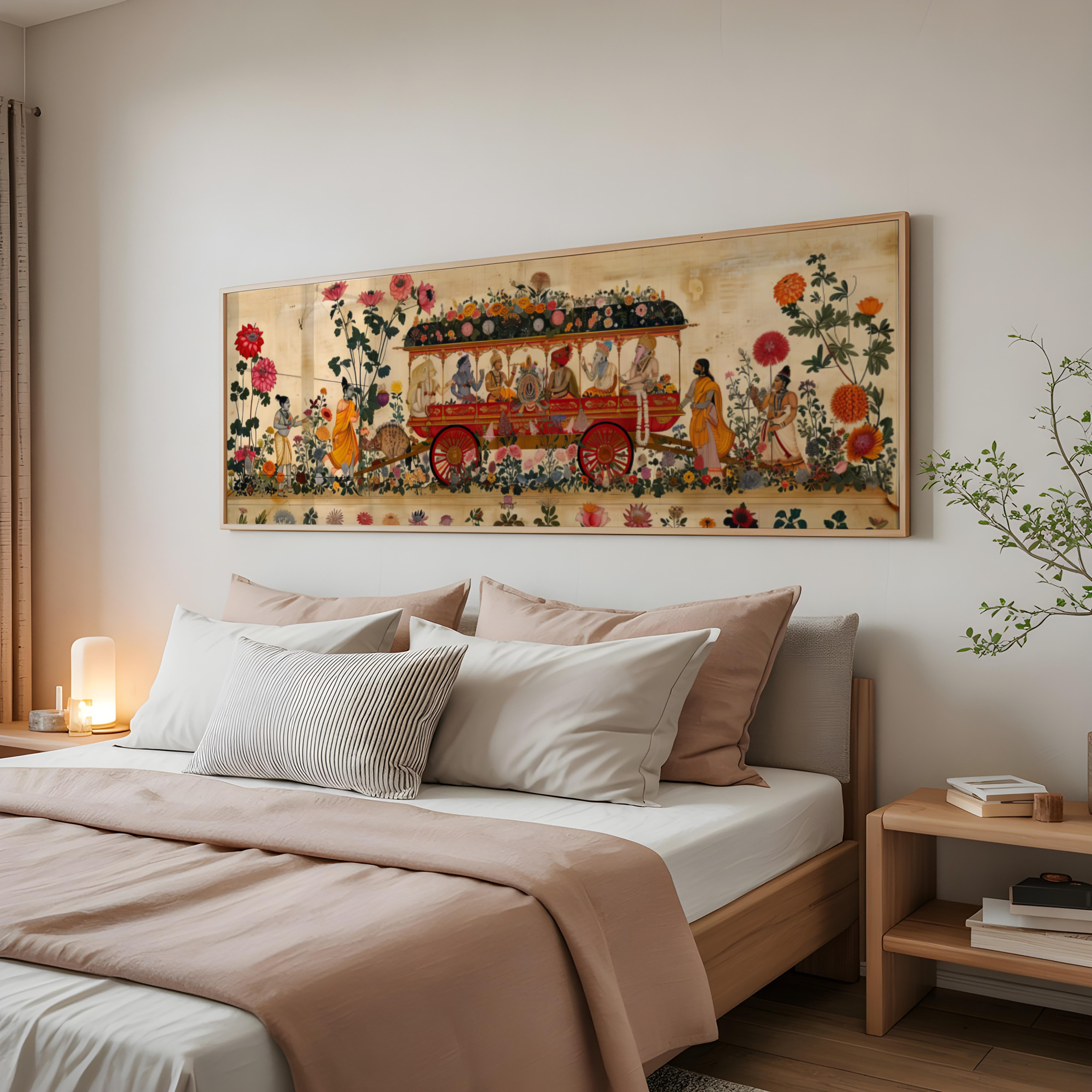 Mythological Rath Yatra scene illustrated in Indian miniature painting style with floral borders