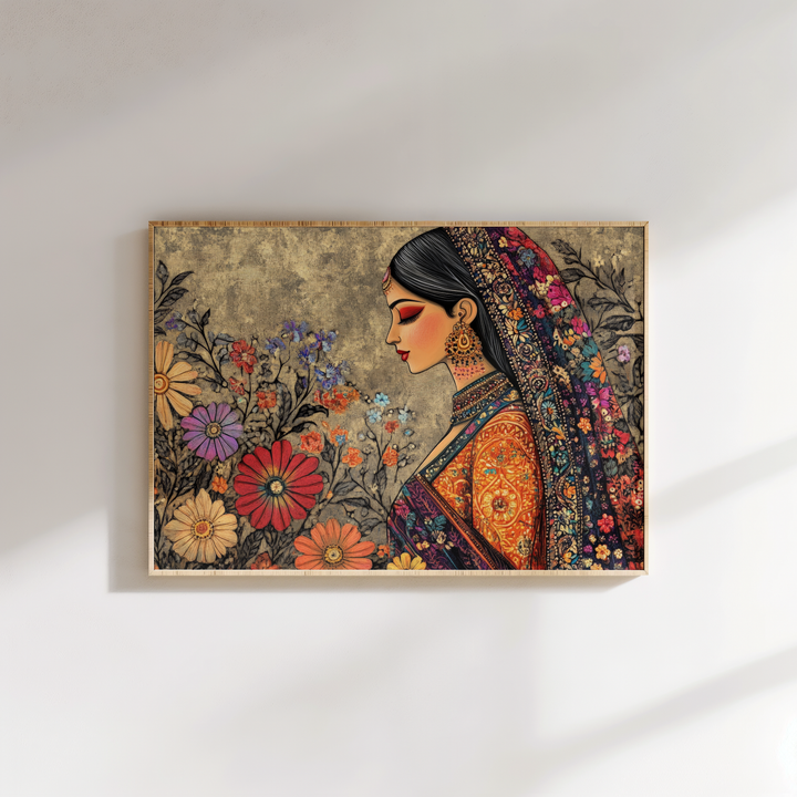 Traditional Indian woman painting with floral motifs