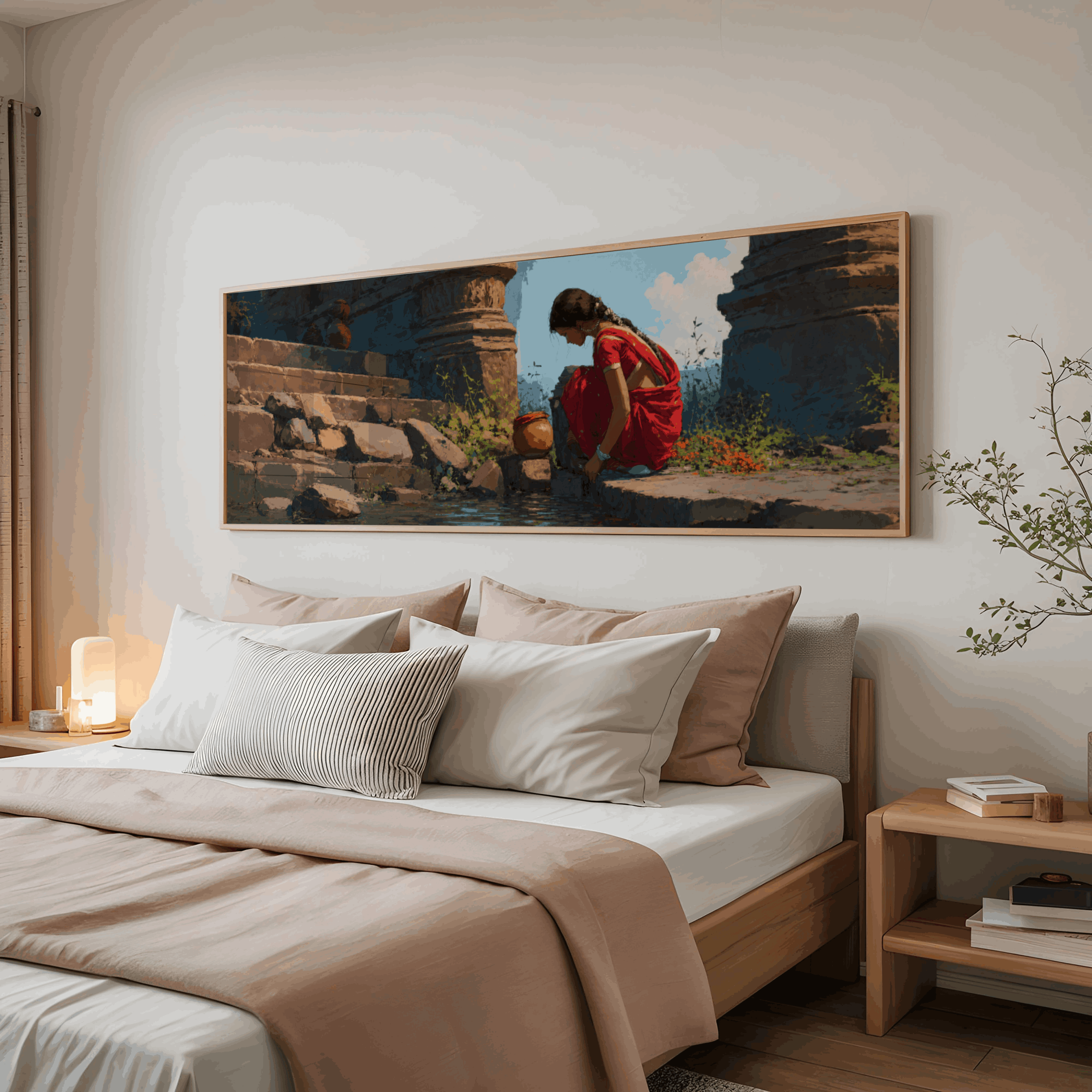 Indian Village Woman by Water Canvas Wall Art