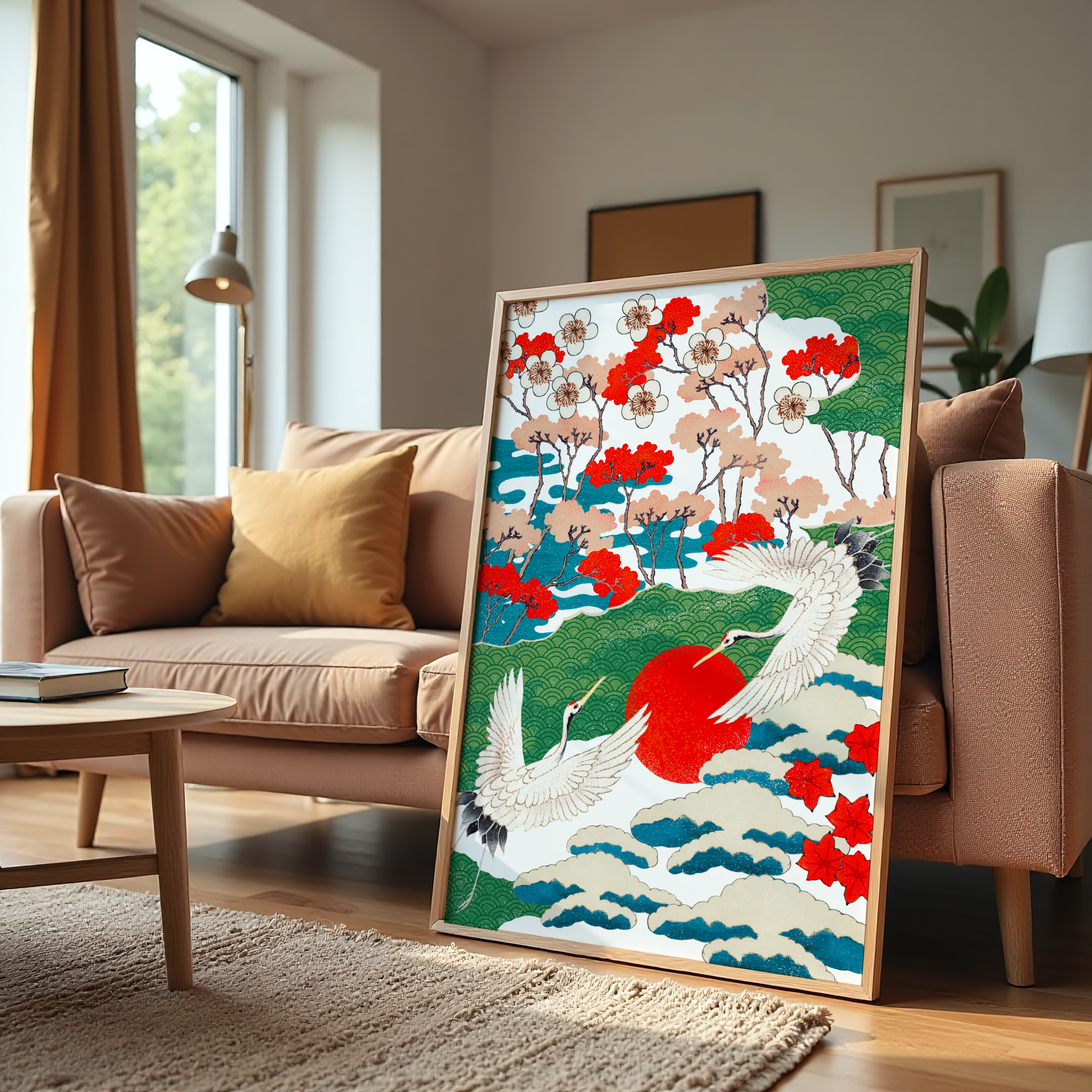Traditional Japanese crane painting with cherry blossom trees