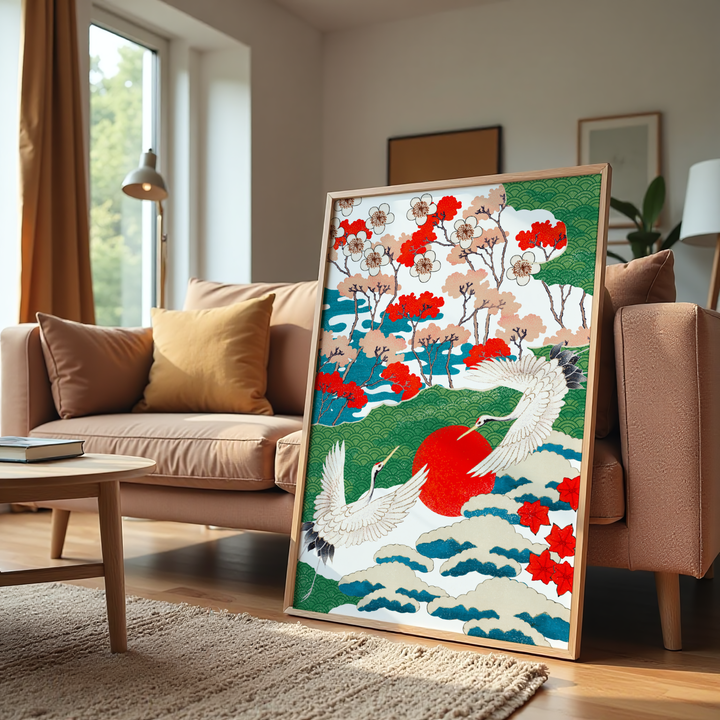 Traditional Japanese crane painting with cherry blossom trees
