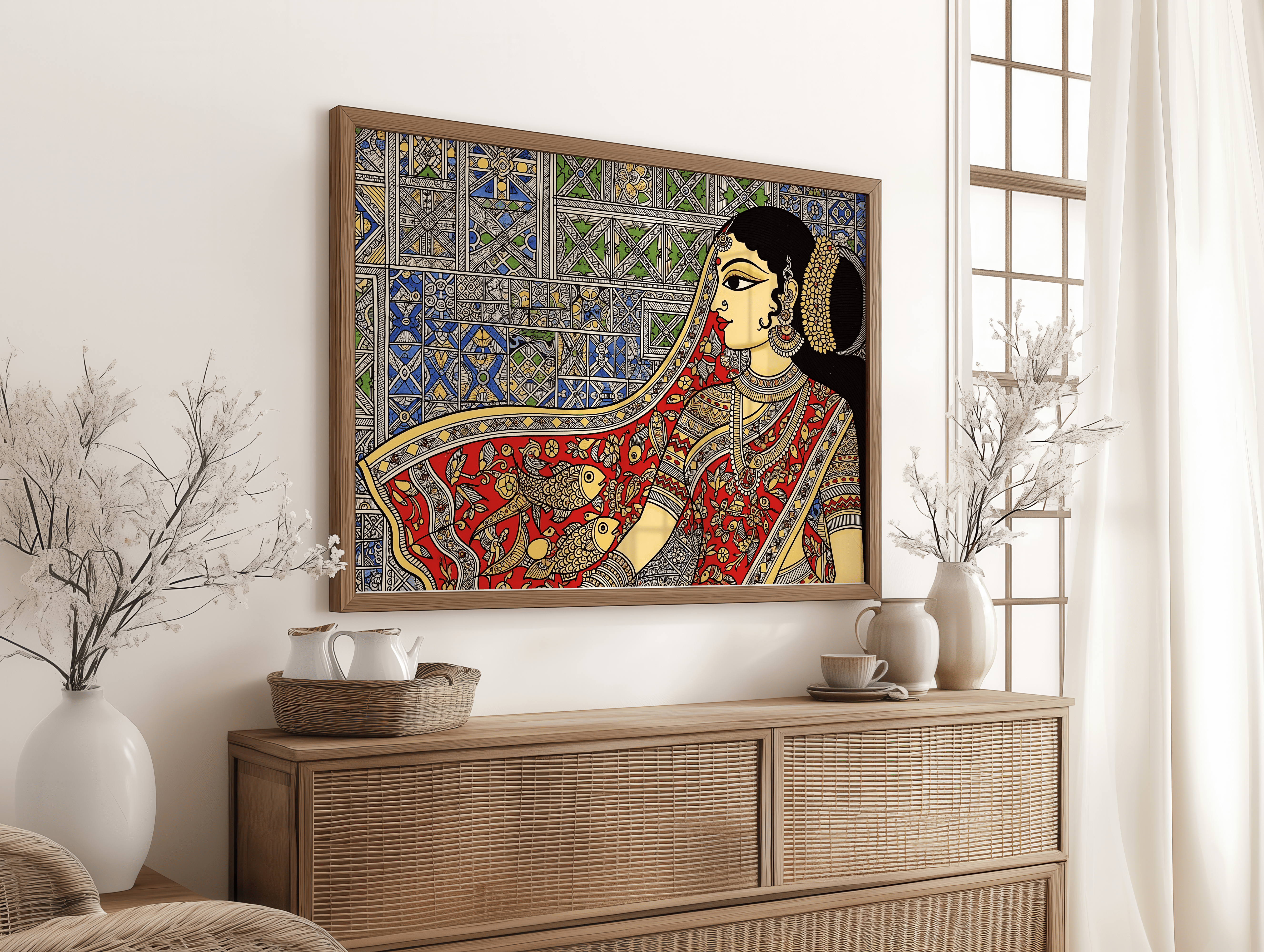 Traditional Indian woman in red sari folk art canvas wall art with intricate patterns