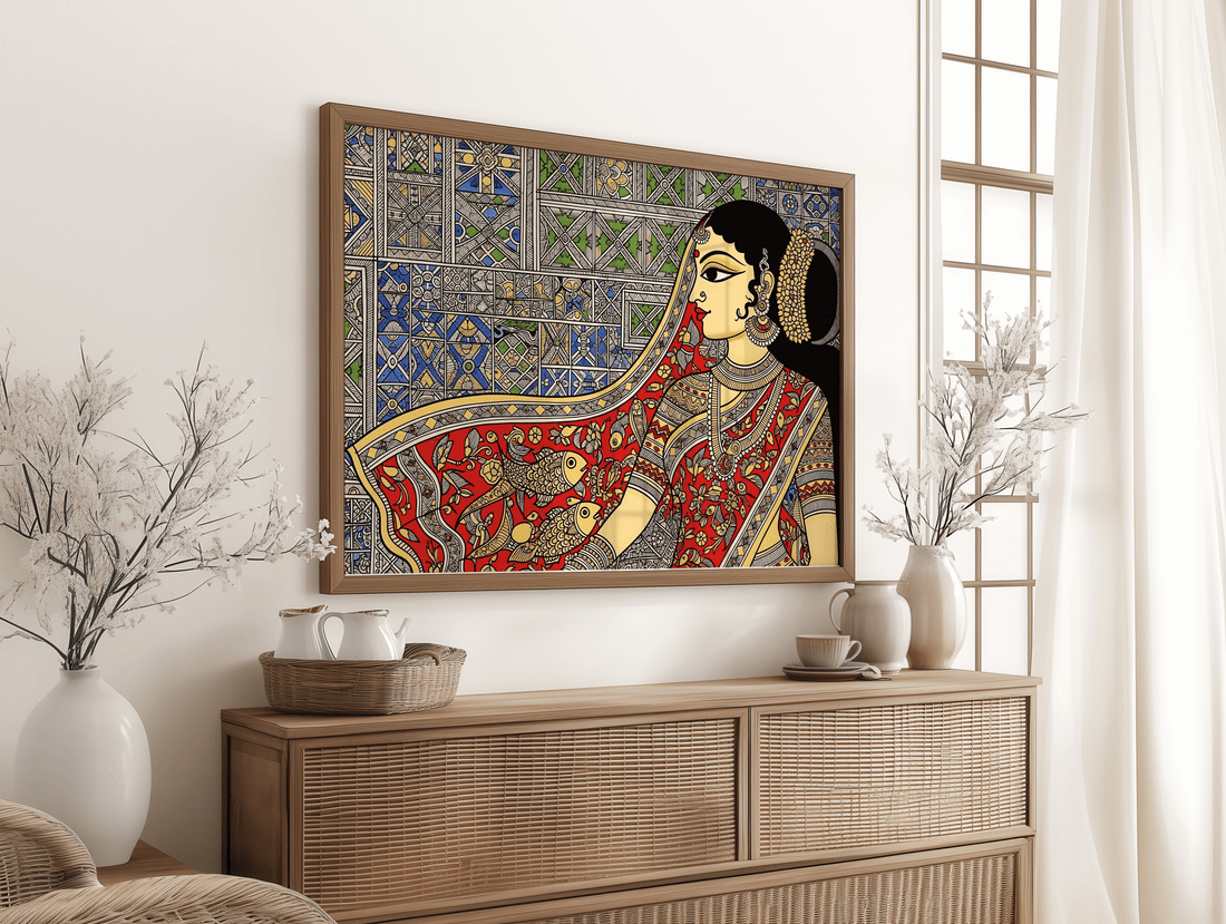 Traditional Indian woman in red sari folk art canvas wall art with intricate patterns