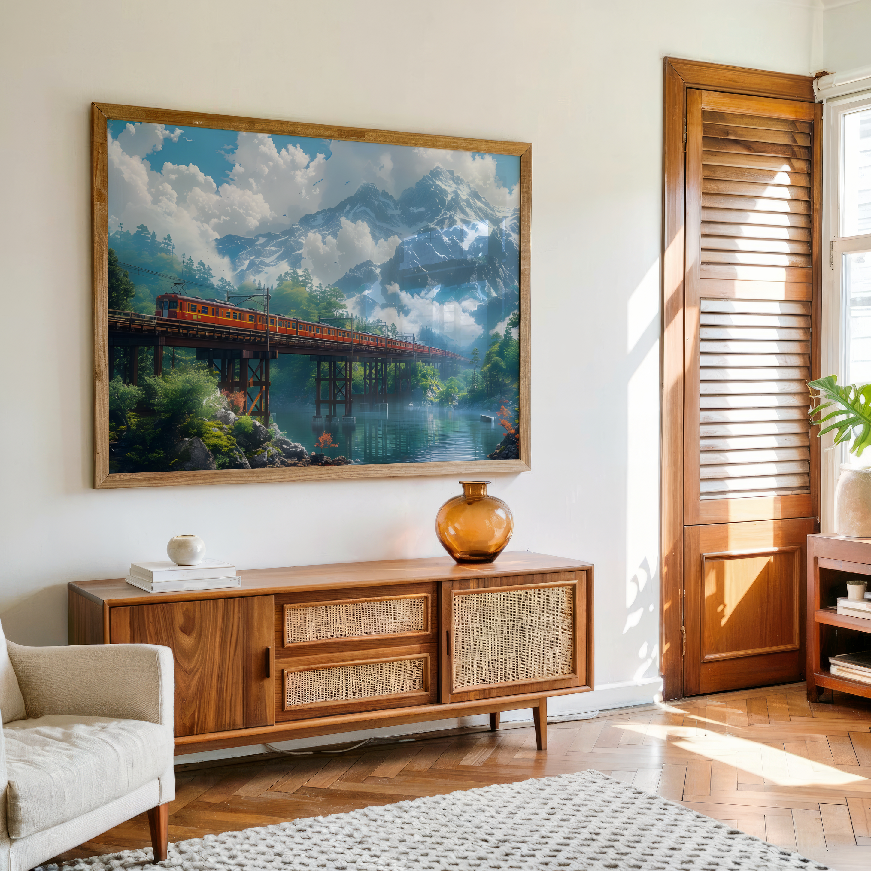 Train crossing bridge with snowy mountain background wall art