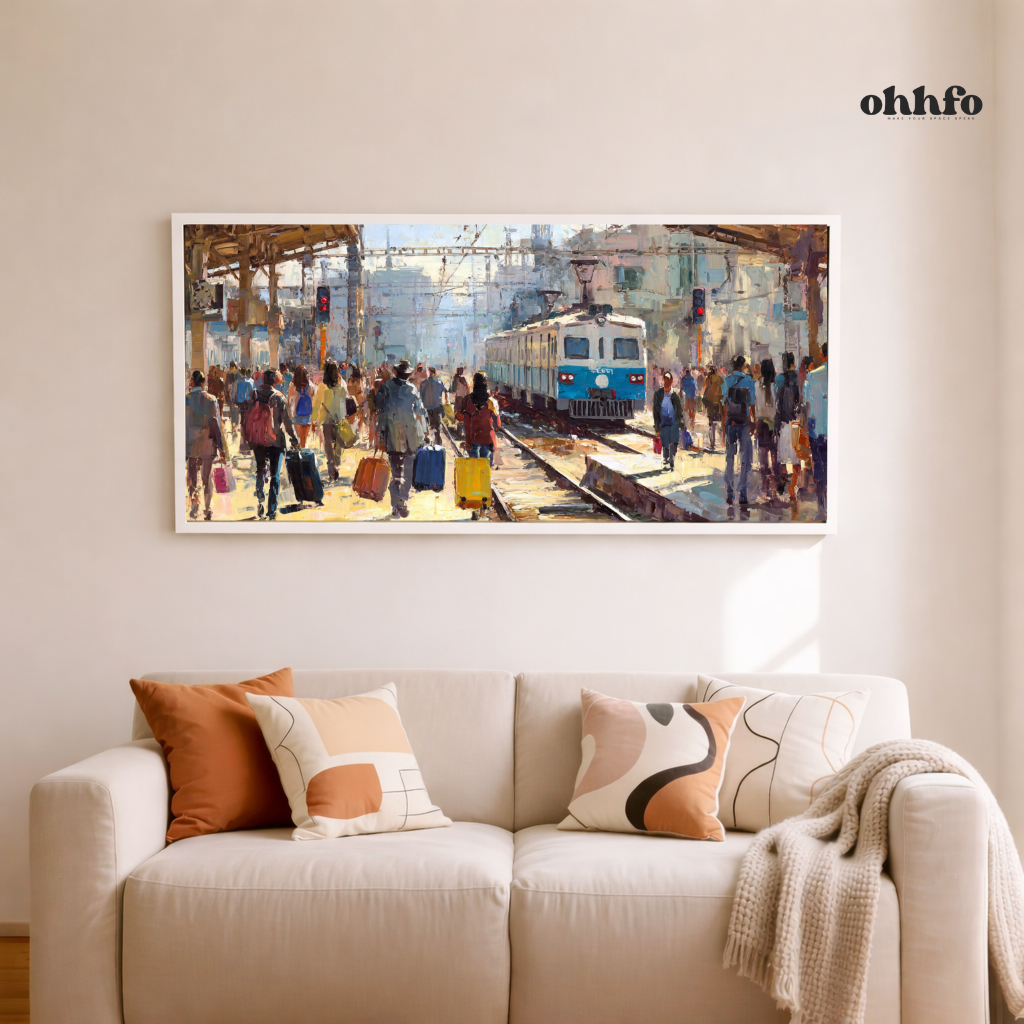 Modern train platform wall art with travelers carrying luggage