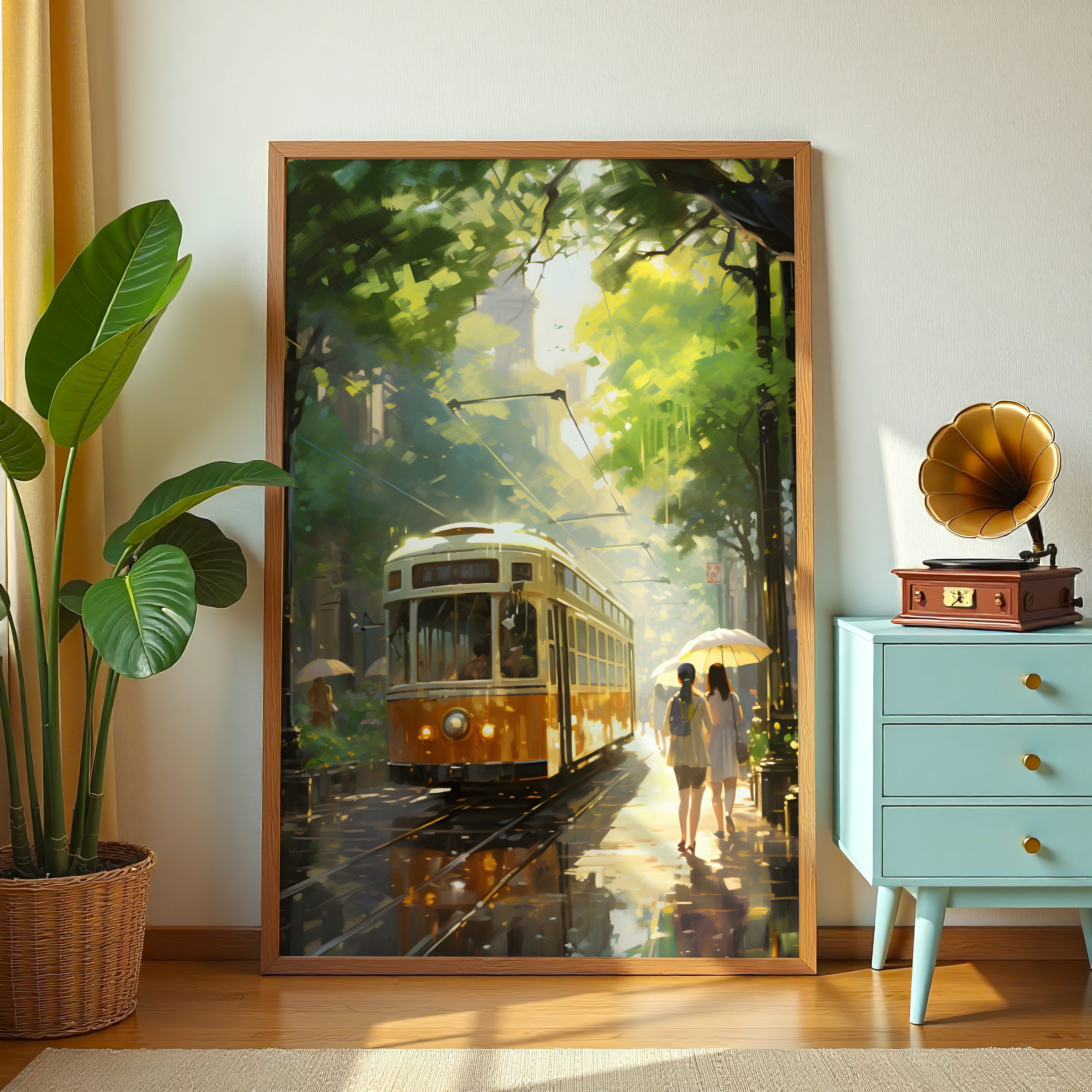 Tram street canvas wall art with evening reflections
