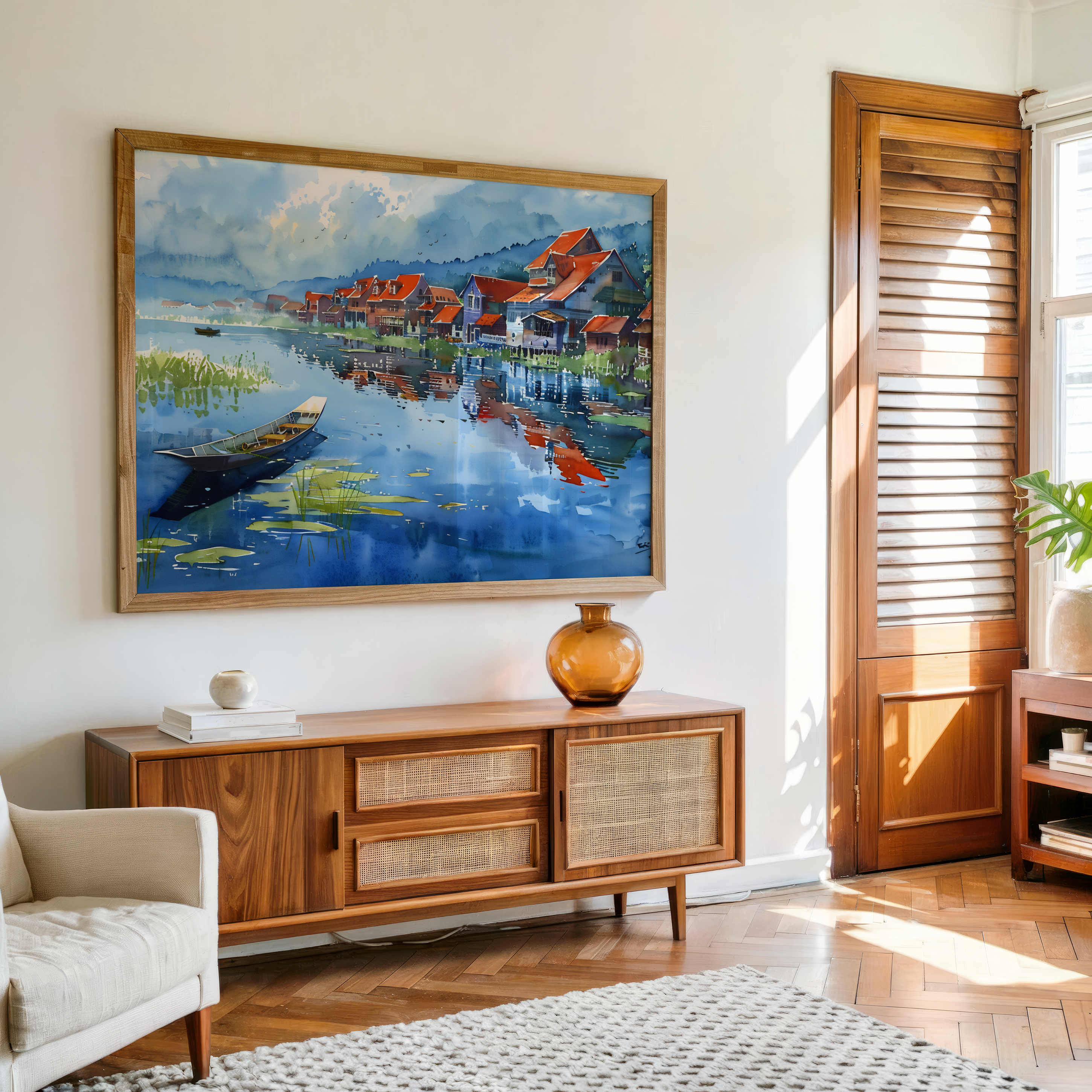 Tranquil lakeside village canvas painting with houses and reflections