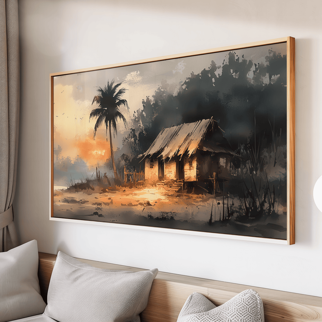 Riverside hut sunset wall art inspired by rural India