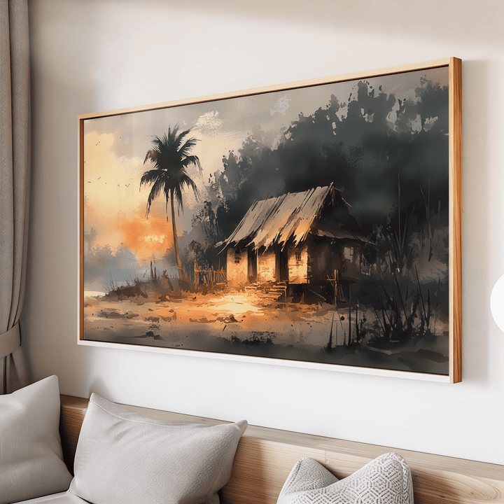 Riverside hut sunset wall art inspired by rural India