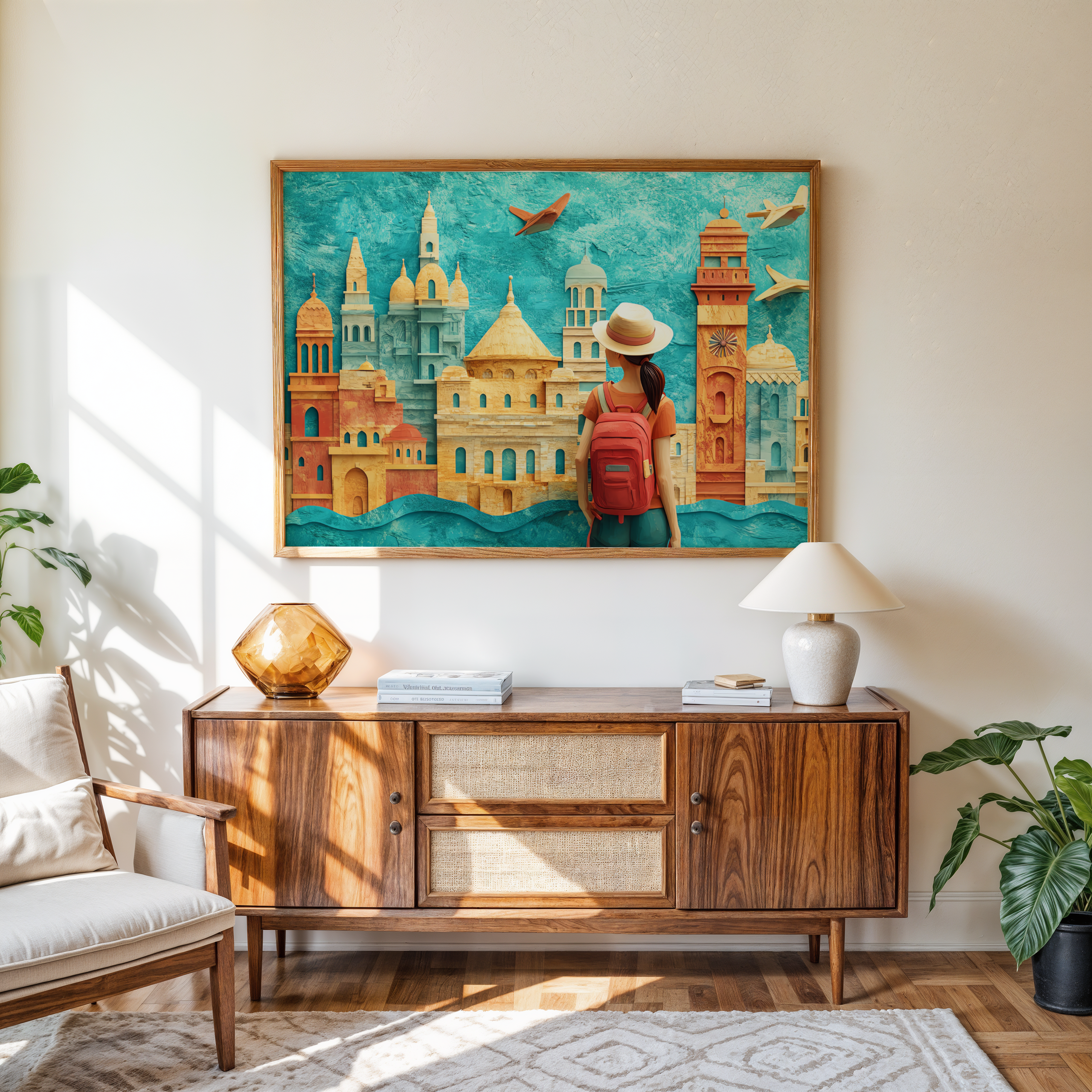 Framed canvas wall décor featuring wanderlust scene of woman traveler and cityscape