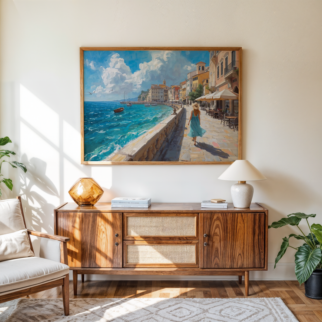 Travel inspired European coastal canvas painting with blue ocean and sunny promenade