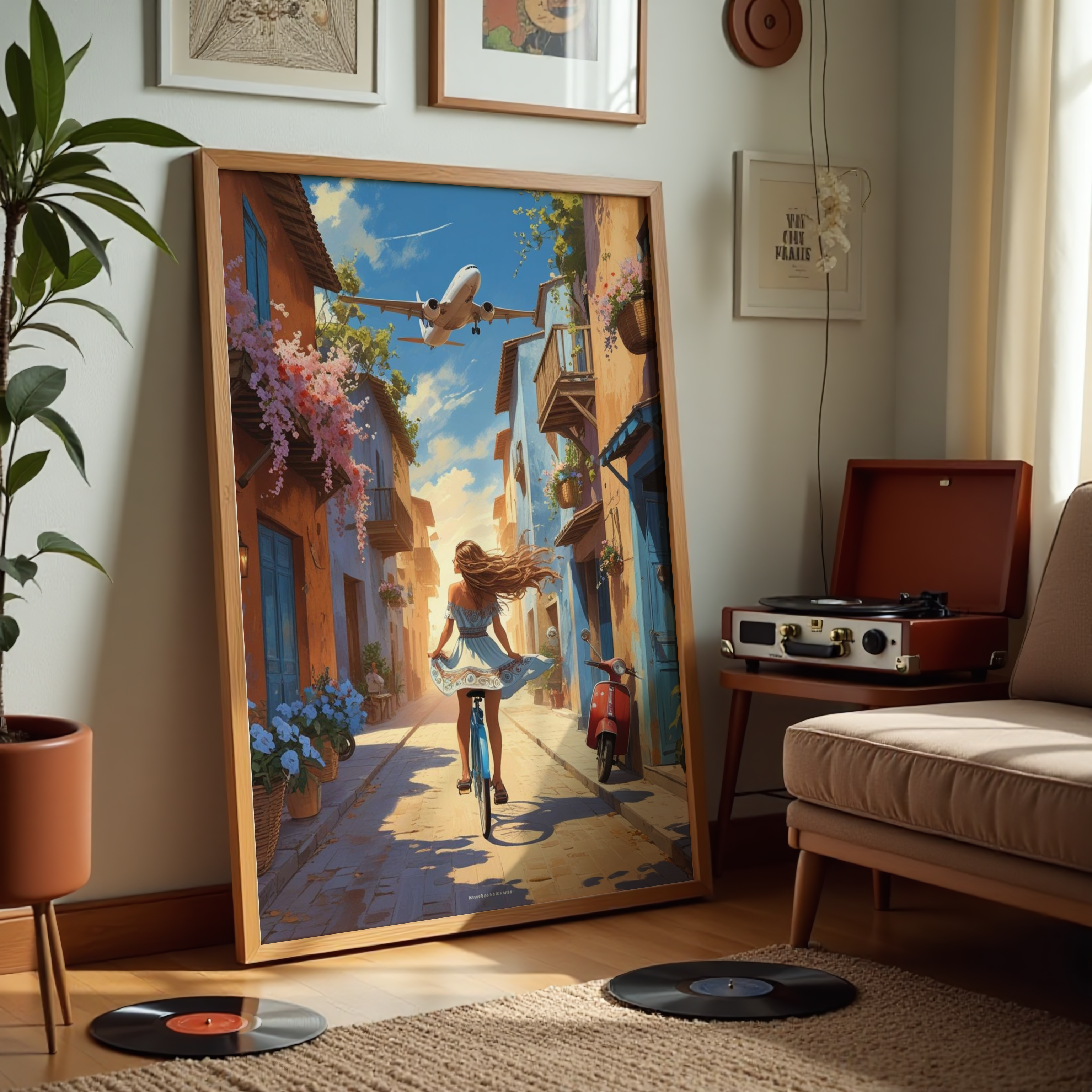 Framed artwork of a woman on a bicycle in an urban street scene, placed in a living room.