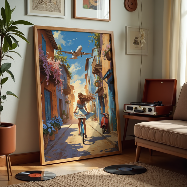 Framed artwork of a woman on a bicycle in an urban street scene, placed in a living room.