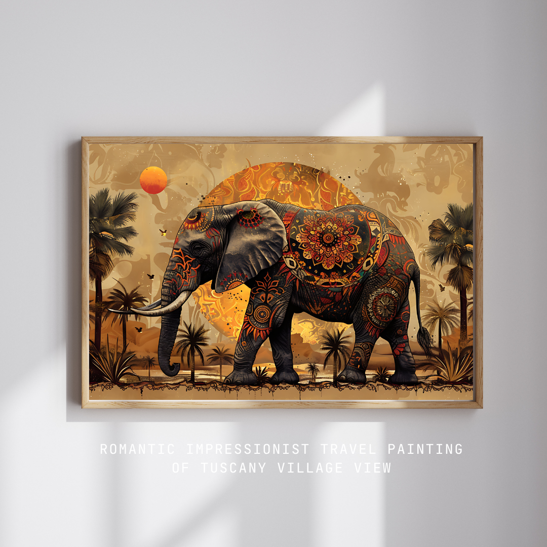 Spiritual mandala elephant walking in tropical desert setting, decorated with cultural patterns and sunset tones