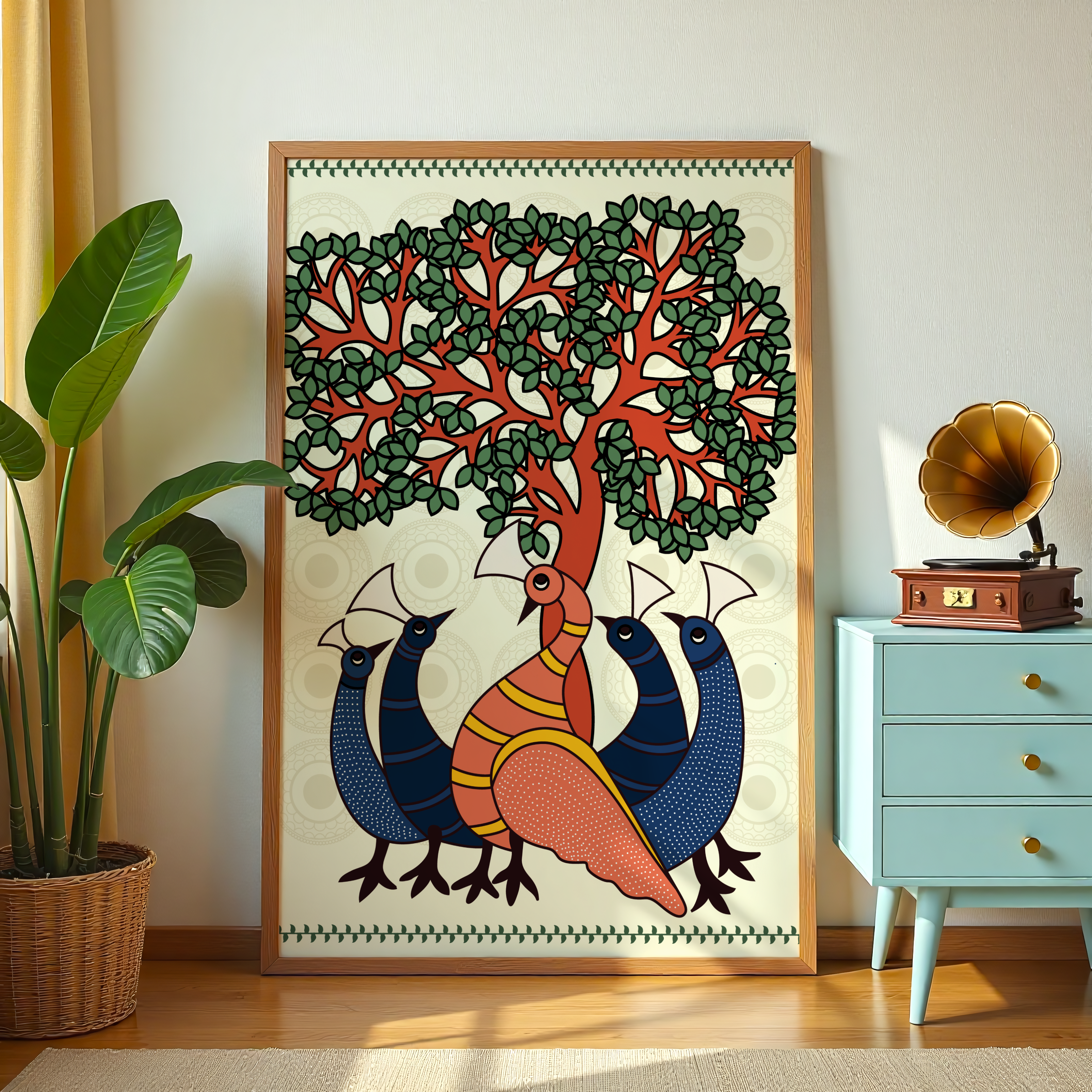 Tribal Indian folk style artwork with birds and tree of life design for home decor