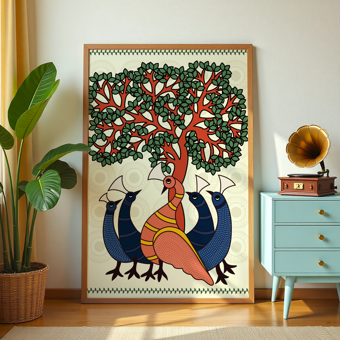 Tribal Indian folk style artwork with birds and tree of life design for home decor