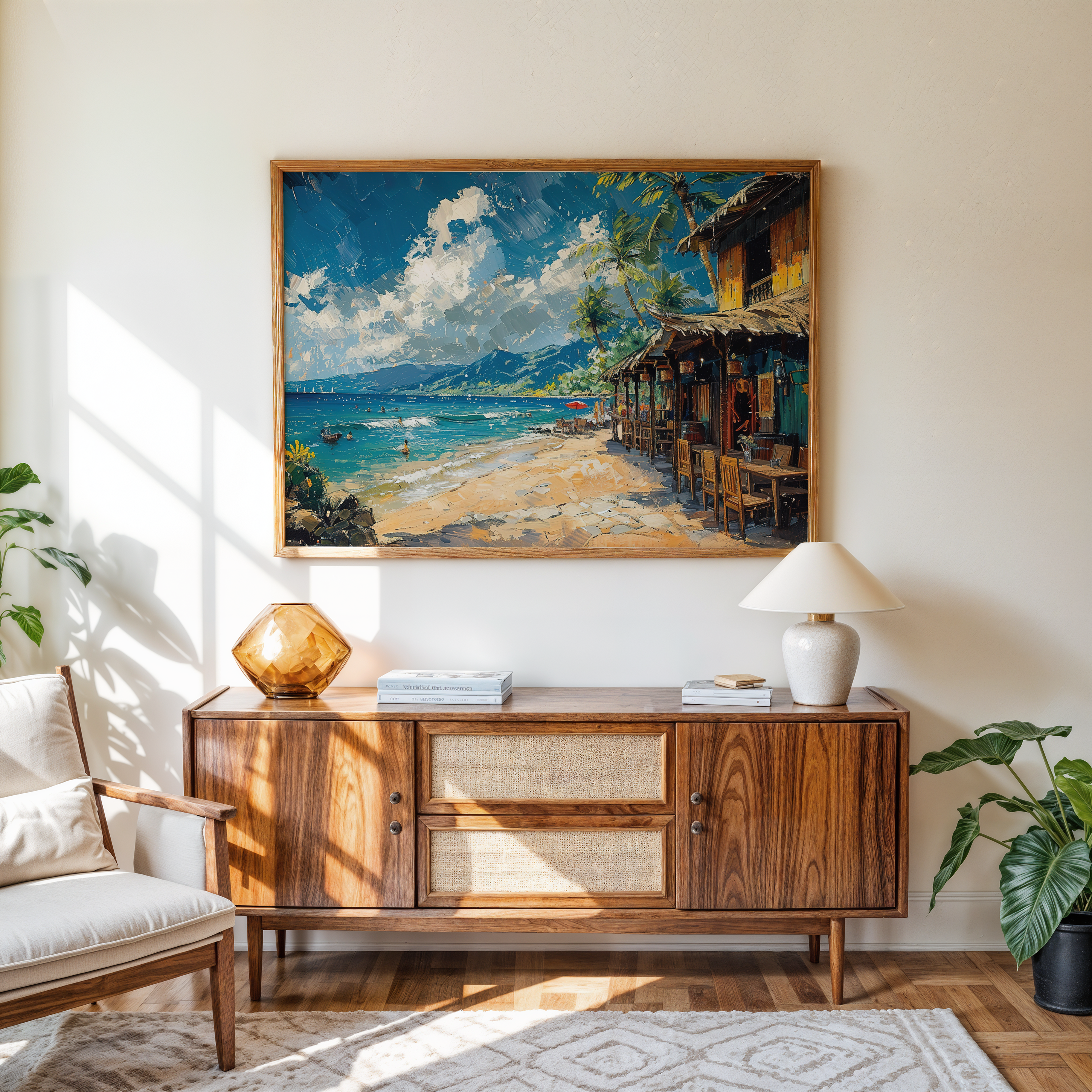 Colorful tropical sunset over calm ocean waves — detailed impasto landscape painting on canvas, tropical wall décor by Ohhfo.