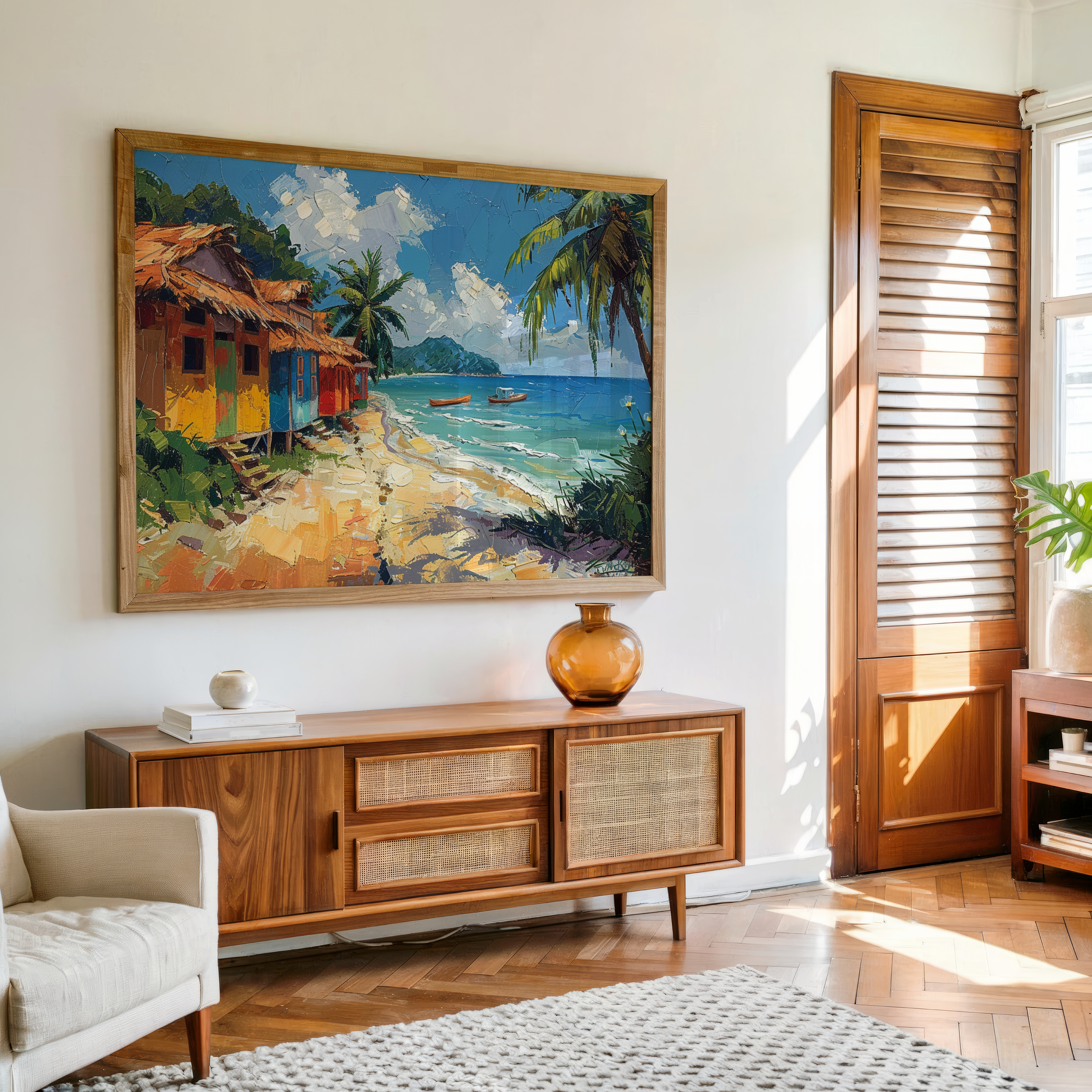 Tropical beach huts canvas painting with ocean and boats