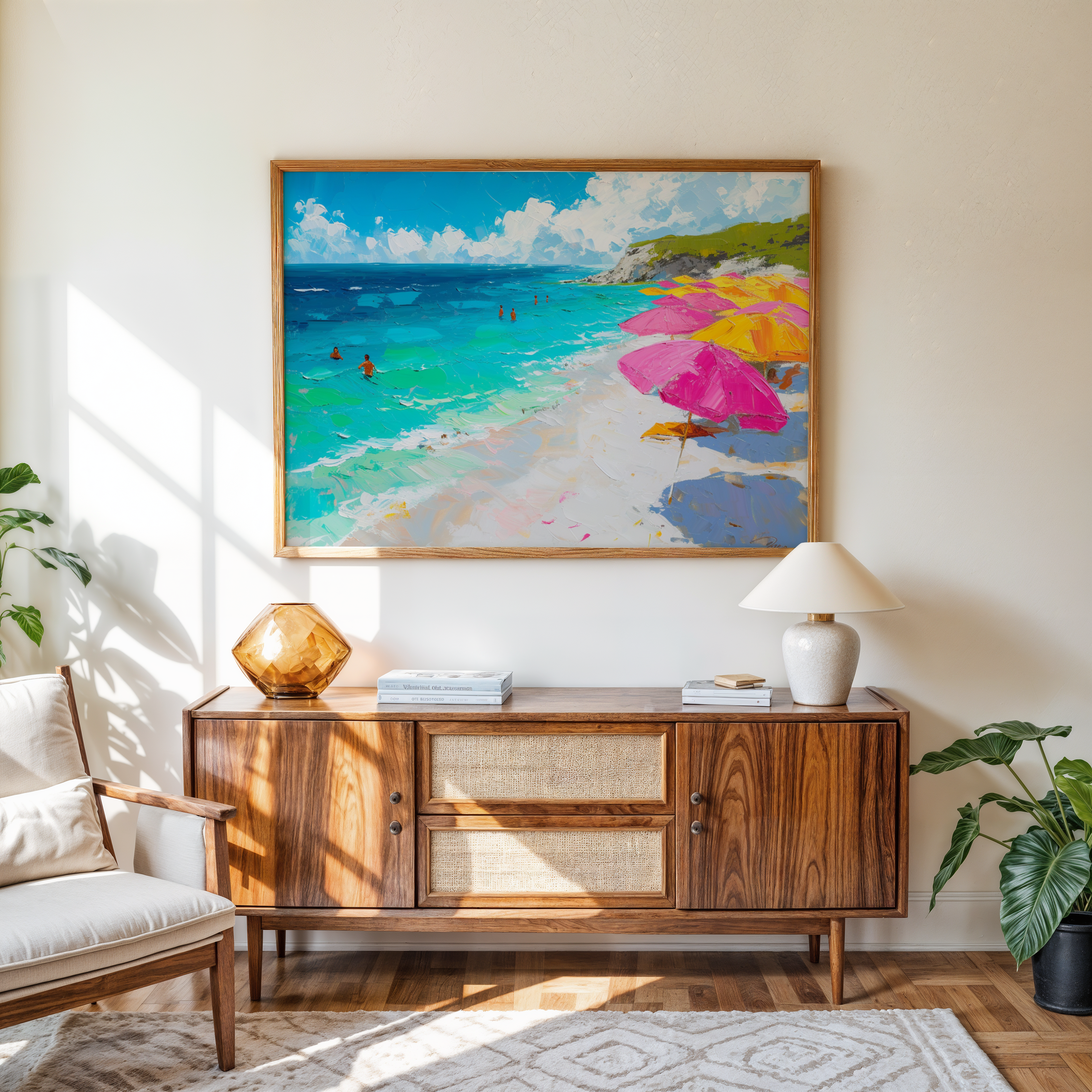 Tropical coastal ocean canvas wall decor with bright umbrellas and sunny beach vibe