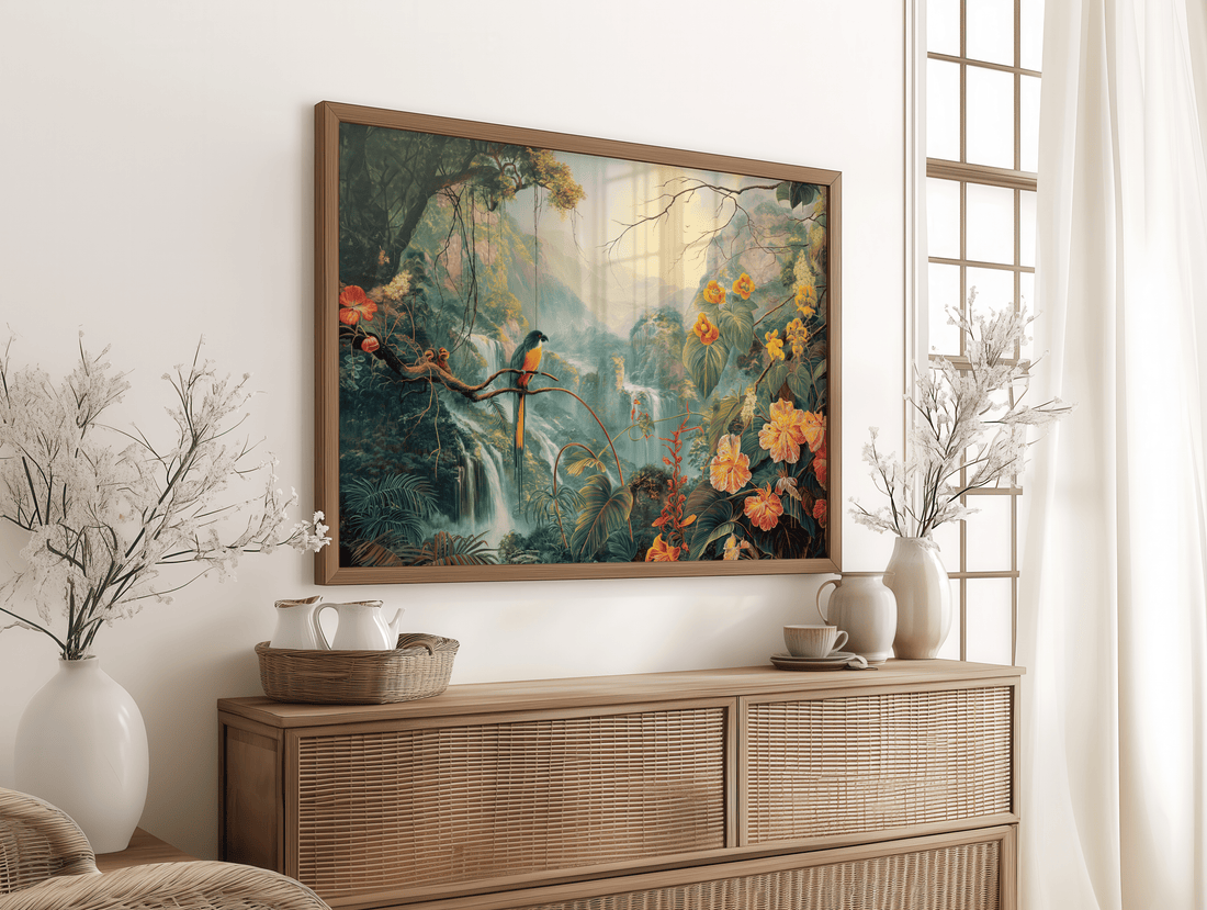 Tropical jungle waterfall canvas wall art with lush greenery, vibrant flowers and a tropical bird