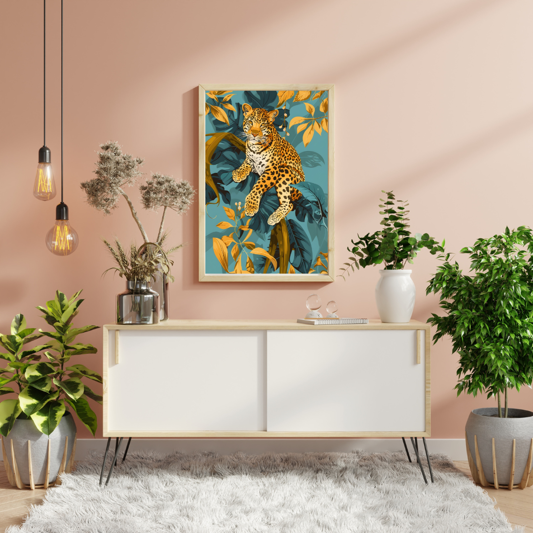 Jungle-themed animal art with a relaxed leopard in foliage