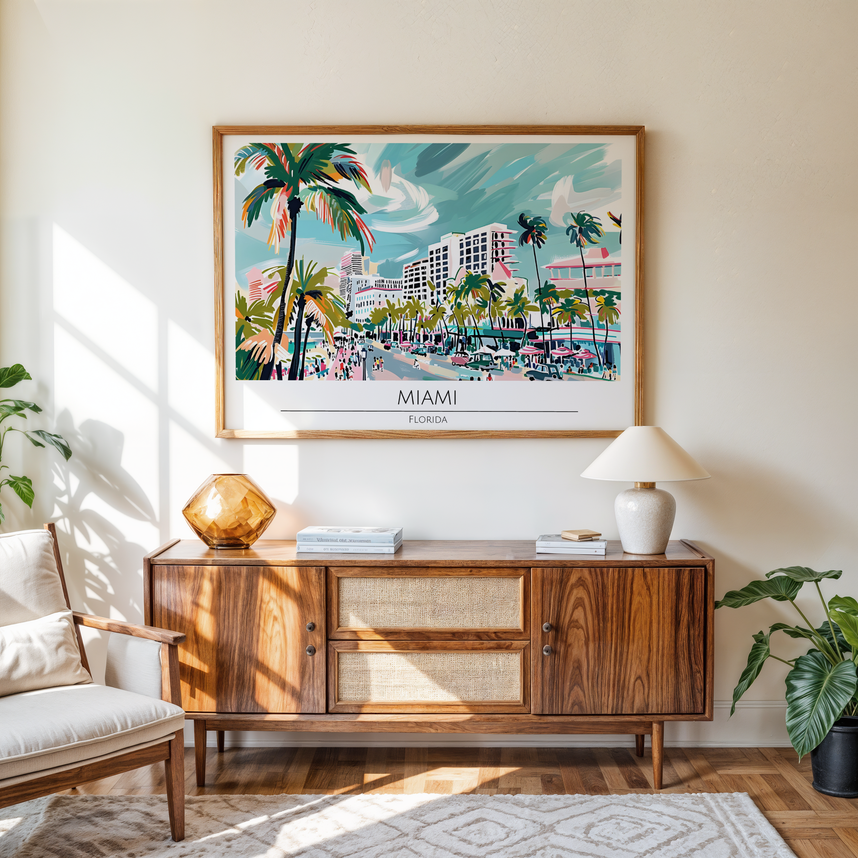 Colorful digital painting of Miami city skyline with palm trees and beach