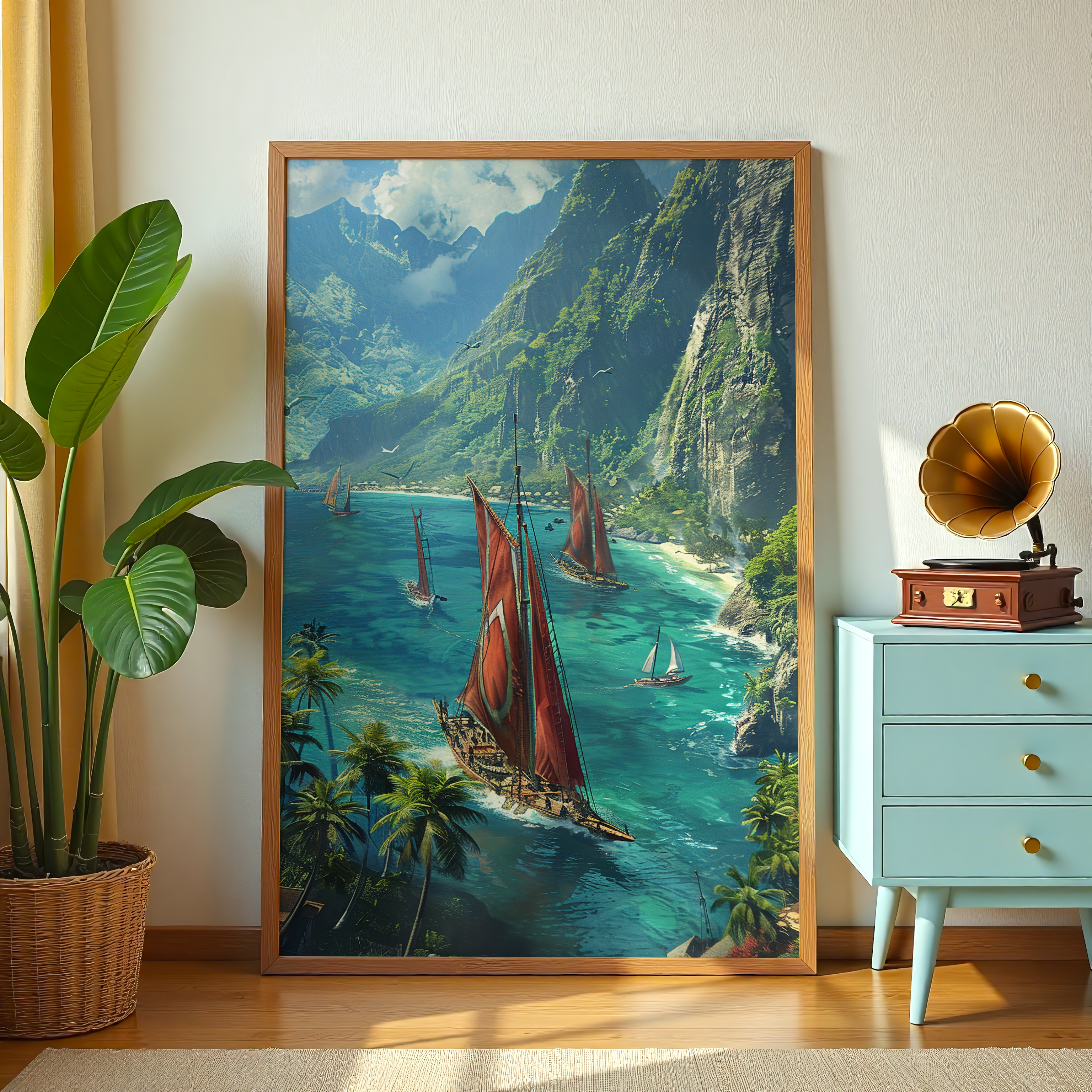 Tropical ocean wall art with red sailboats and turquoise waters