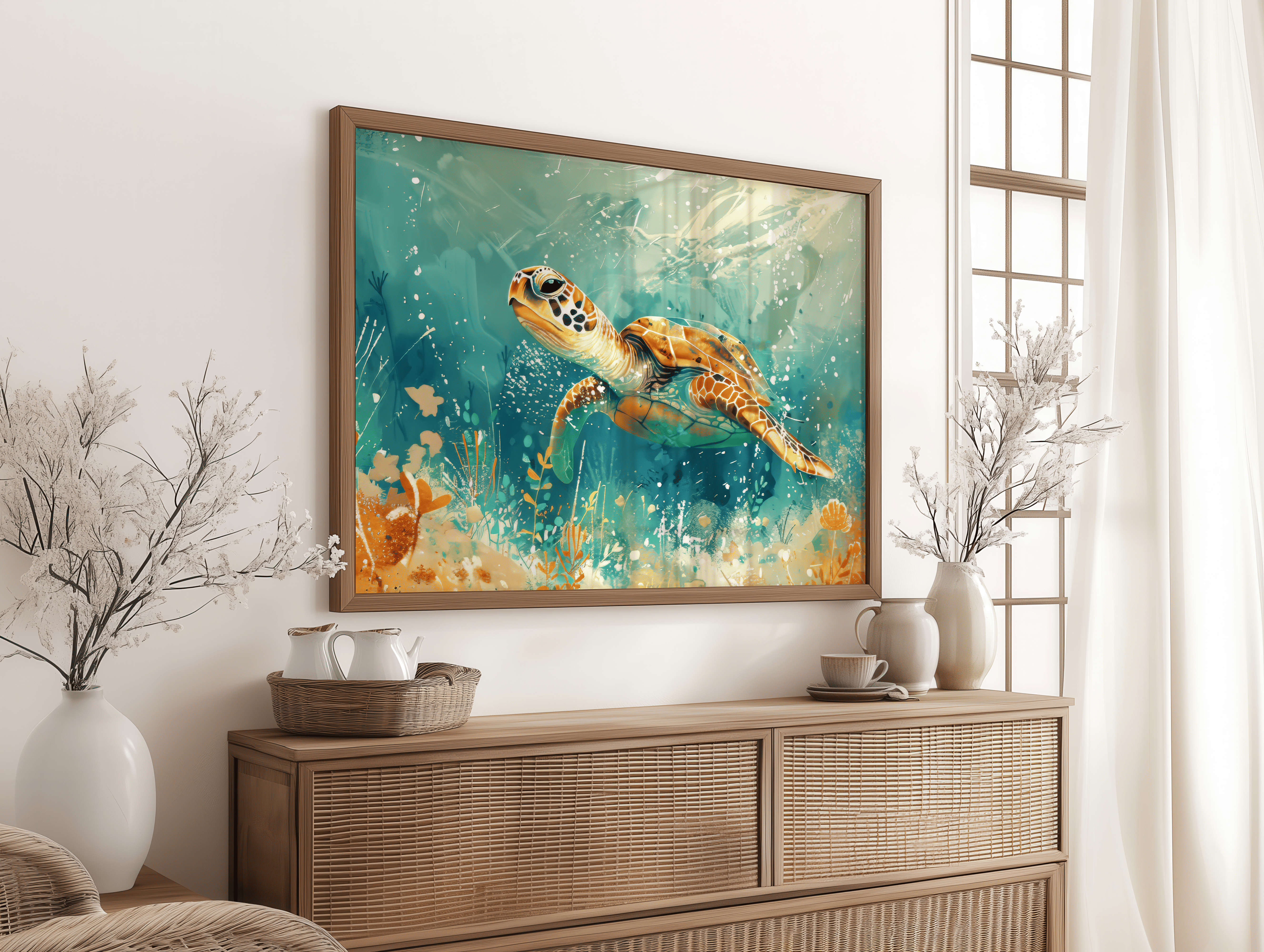 Tropical sea turtle canvas artwork with colorful corals and plants
