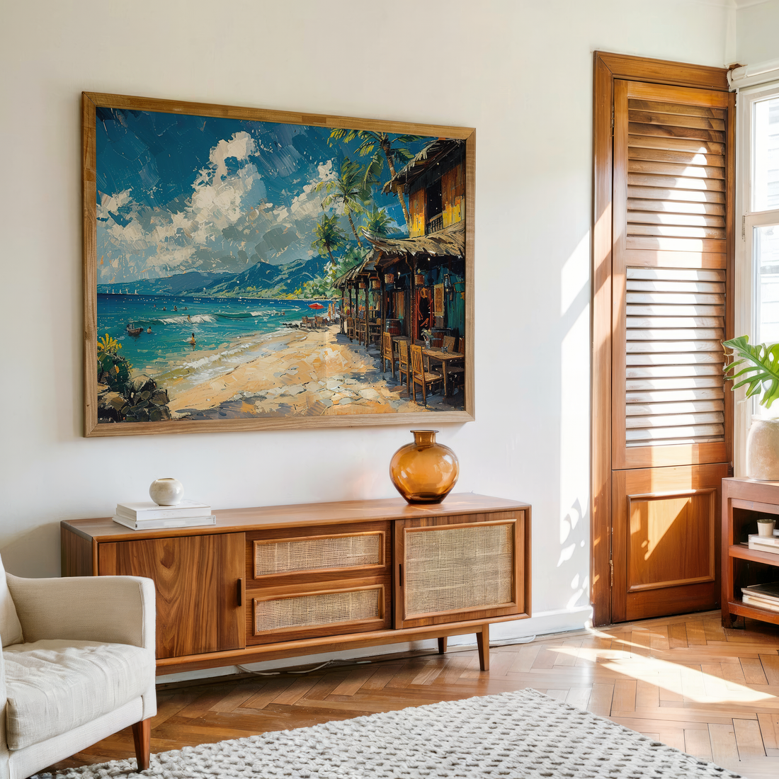 Tropical beach café landscape painting with ocean waves, palm trees, and golden sand — vibrant coastal wall art print from Ohhfo.