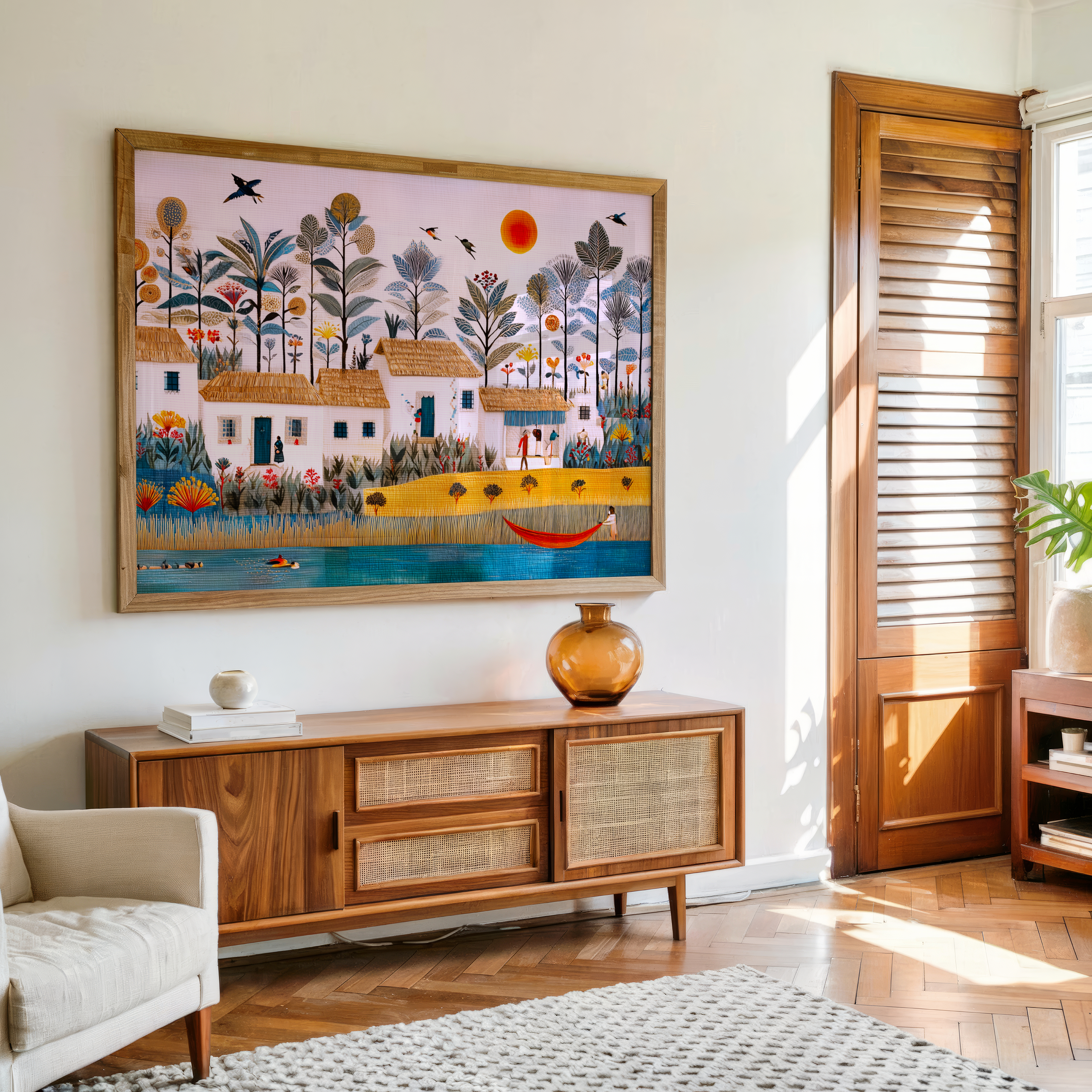 Colorful tropical village wall art featuring houses, palm trees, birds, a river, and people in a canoe, displayed in a modern wooden frame in a cozy living room setting.