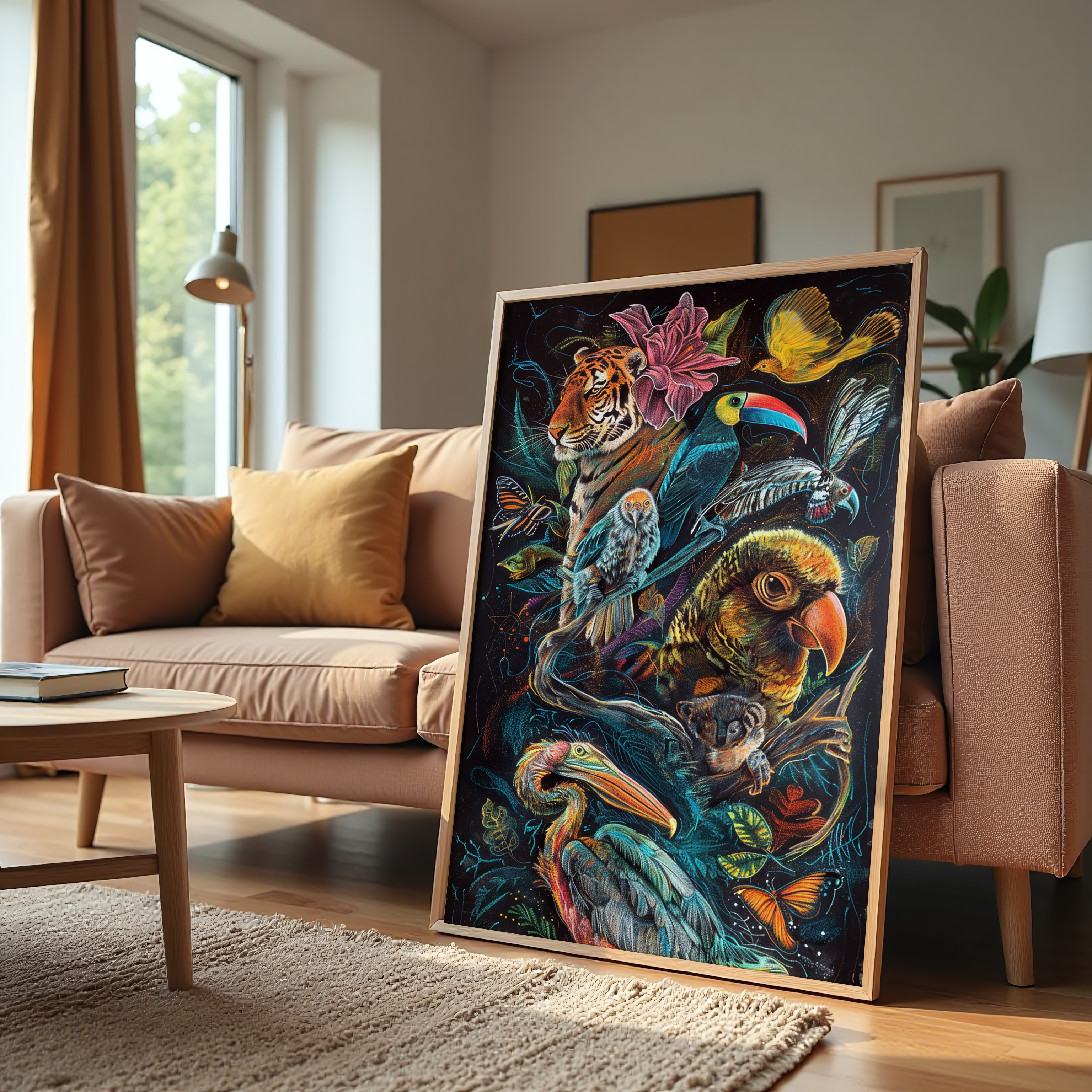 Tropical wildlife canvas wall art with tiger, parrots, toucan, and butterflies.