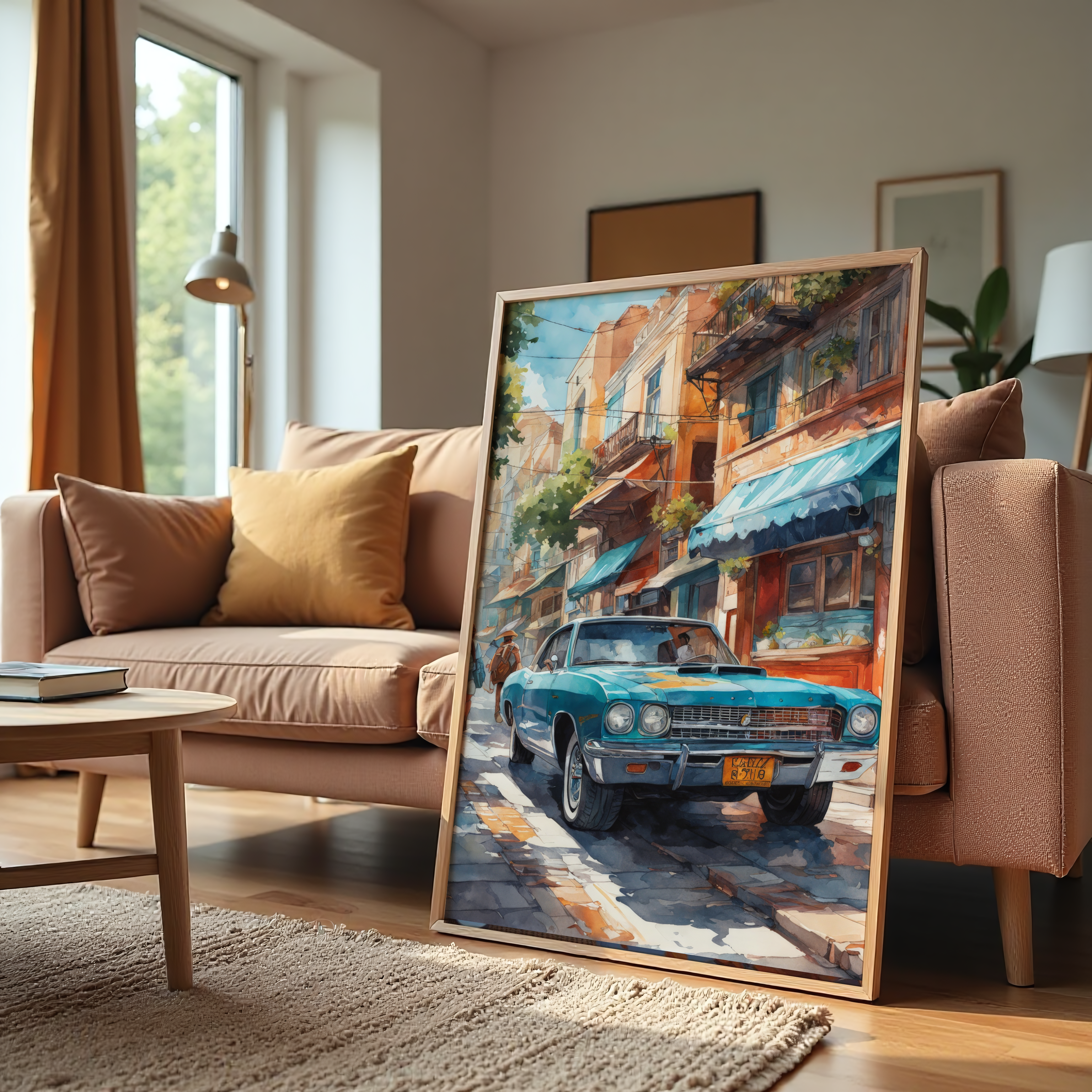 Classic car canvas painting on vintage street