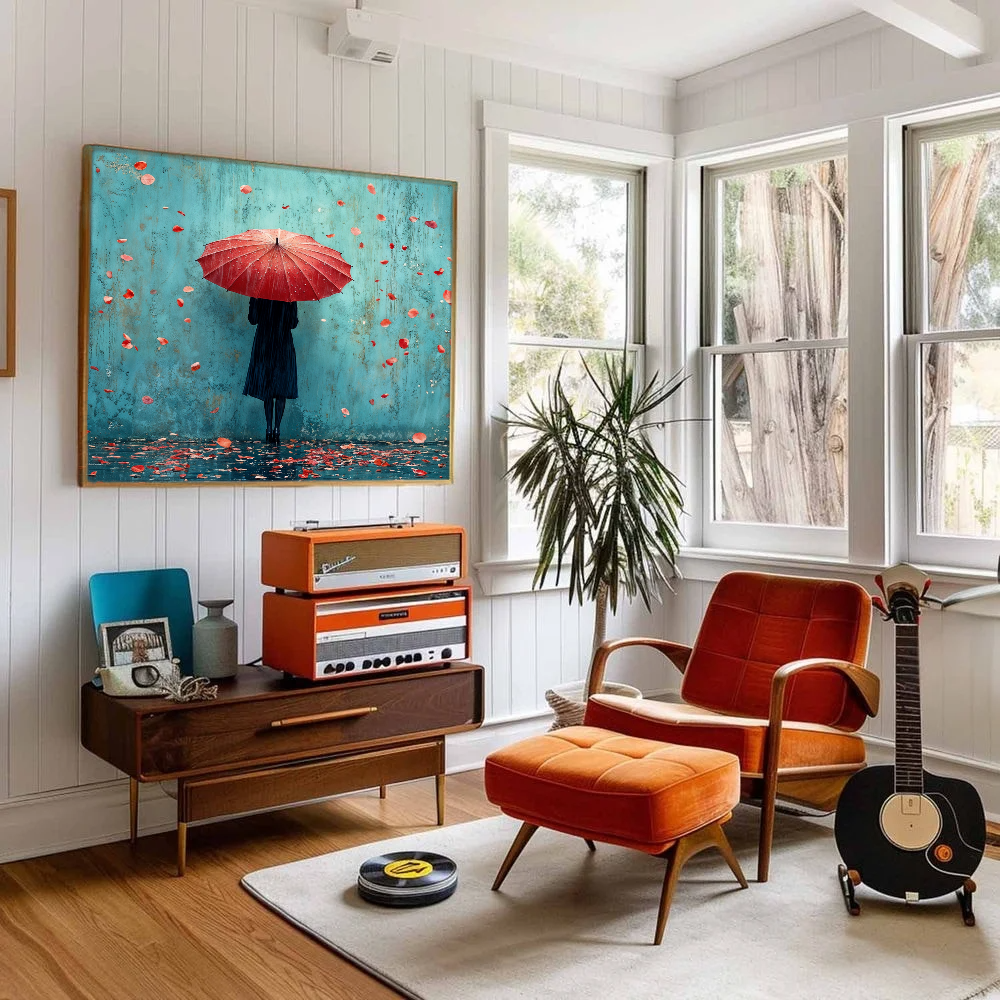 moody painting of figure with red umbrella and falling petals