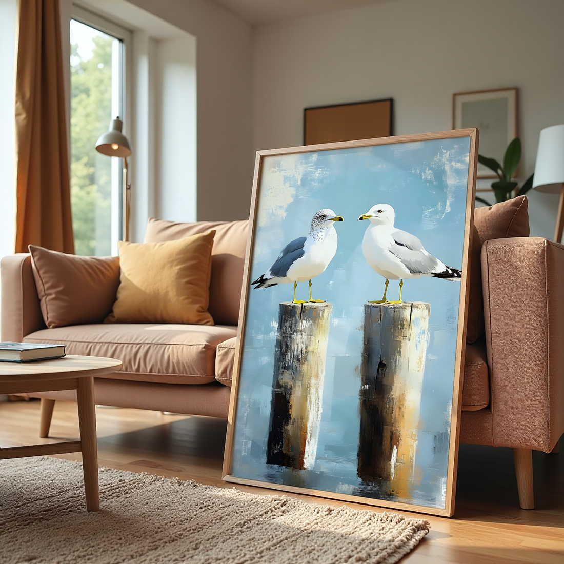 Two seagulls standing on wooden posts over calm water in a soft blue coastal painting
