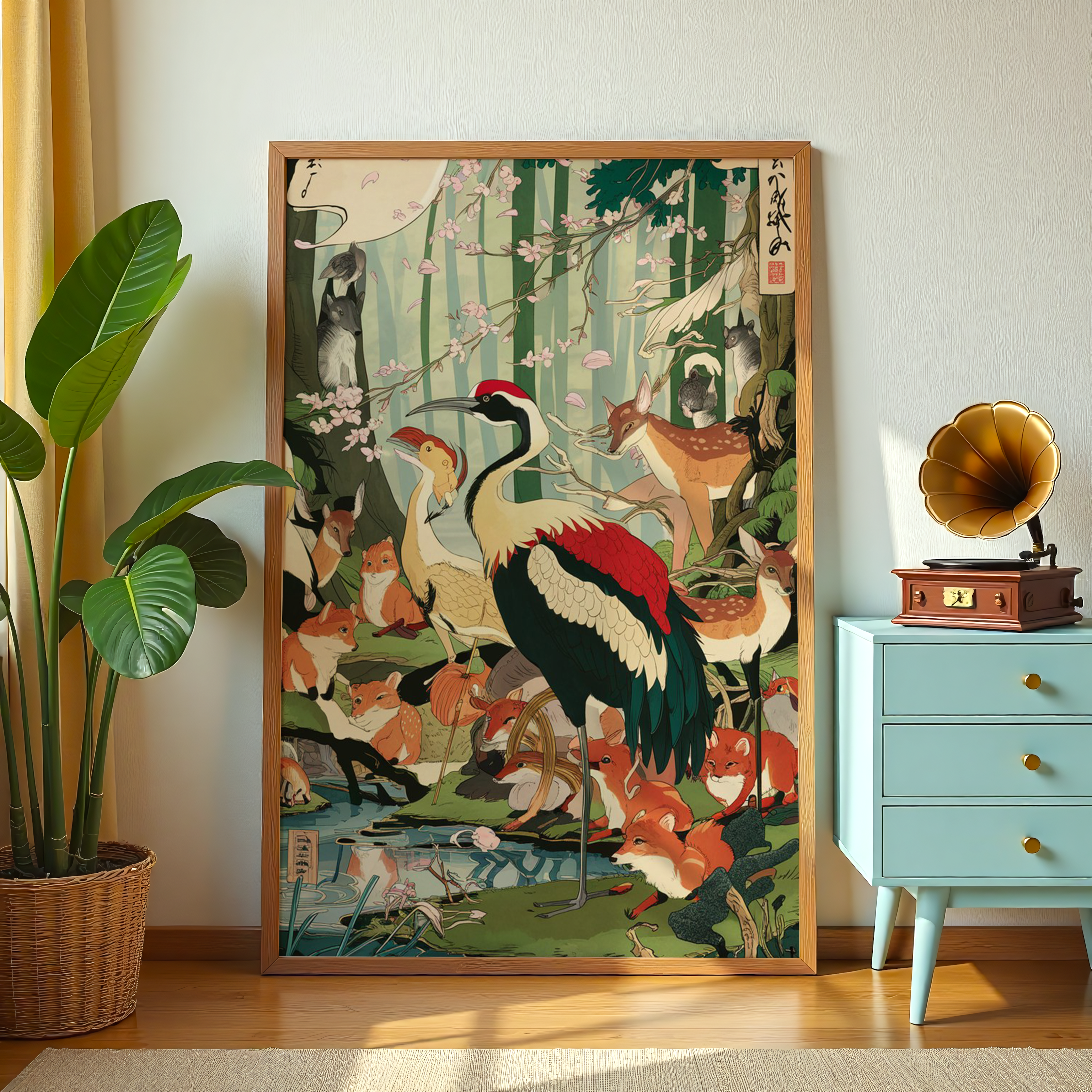 Ukiyo e inspired canvas print with birds deer and forest scene